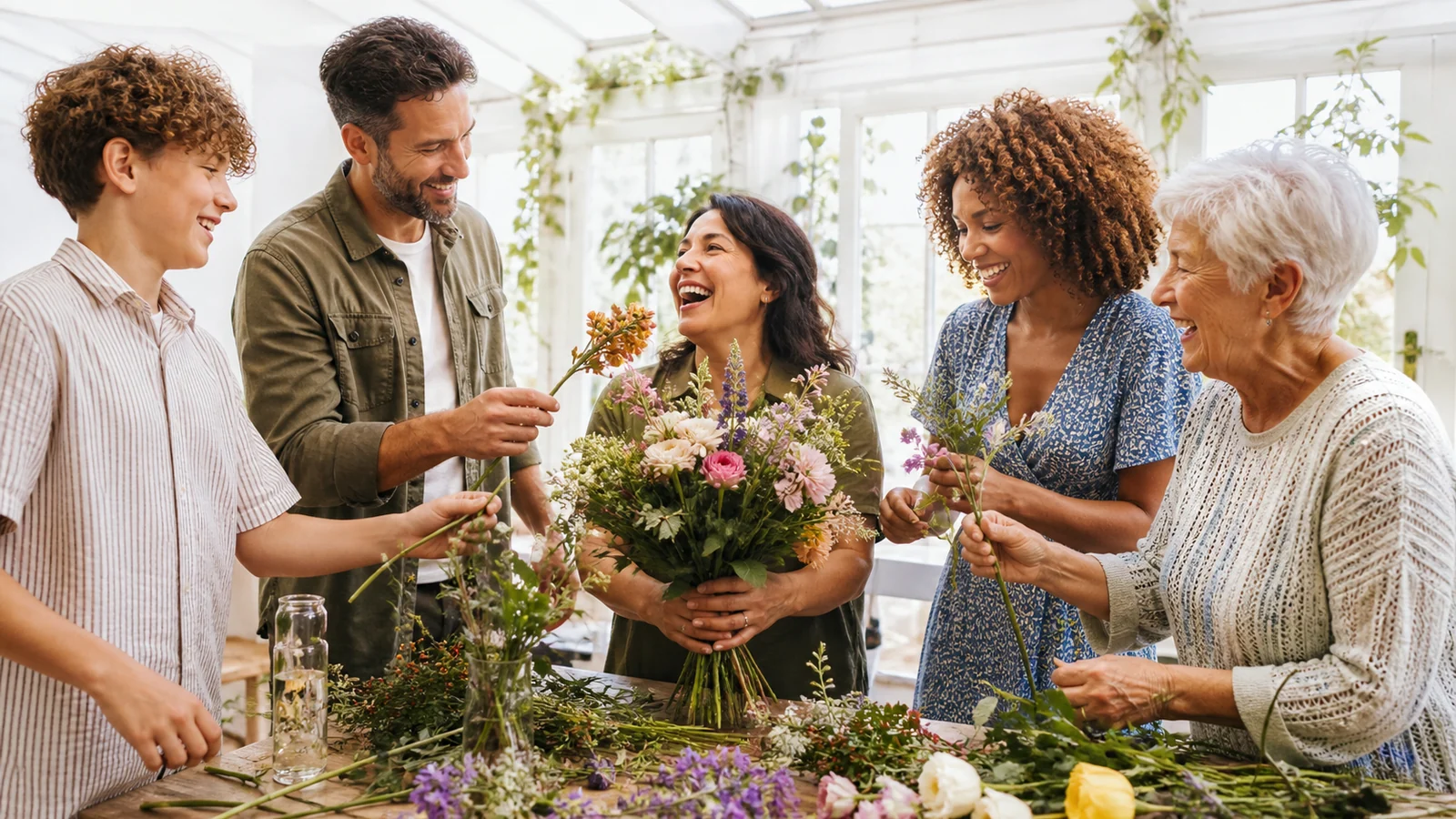 Un bouquet de nos histoires vraies — A diverse group of loved ones builds one beautiful seasonal bouquet stem by stem around a joyful birthday adult in a bright sunlit conservatory, natural flowers and candid emotion.