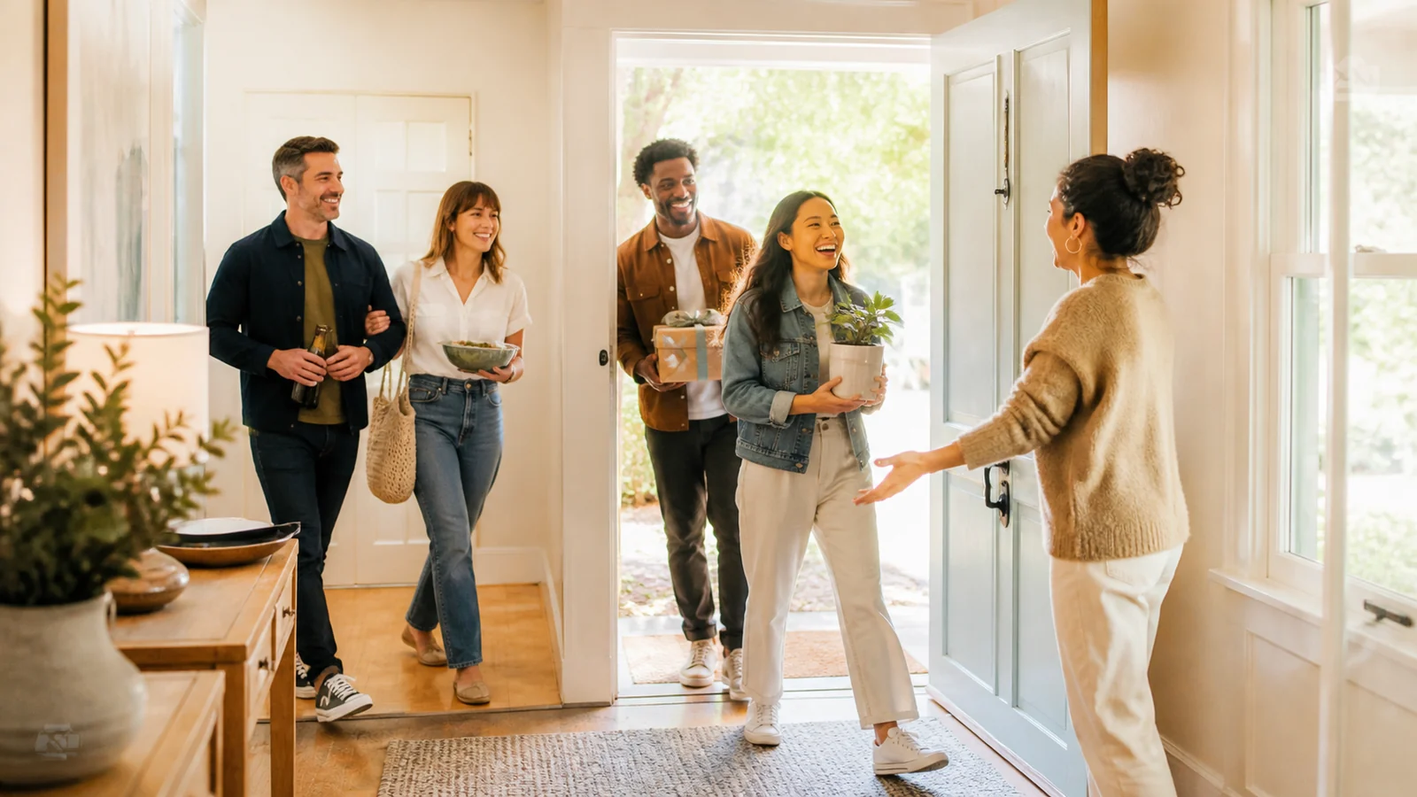 Quando il campanello suona otto volte — A joyful adult opens a bright front door as several loved ones arrive one by one carrying small meaningful unbranded objects; airy sunlit hallway, warm candid welcome, no visible address.