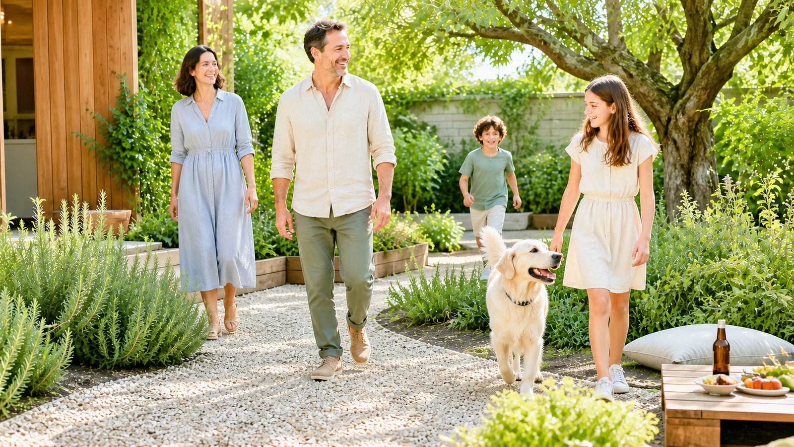 Le sentier-jardin de tes souvenirs — A joyful adult and loved ones follow a bright accessible garden path with rosemary, smooth wood, light fabric, gravel and a small picnic, all naturally interacting in warm daylight.