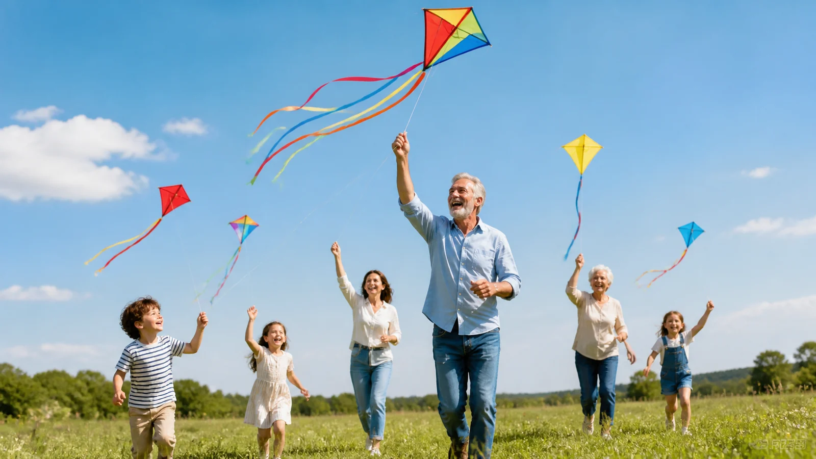 I nastri che ci uniscono a te — A joyful multigenerational group safely flies several simple unbranded colorful kites in a wide sunny meadow, their ribbons gathering near the celebrated adult, blue sky and warm candid emotion.