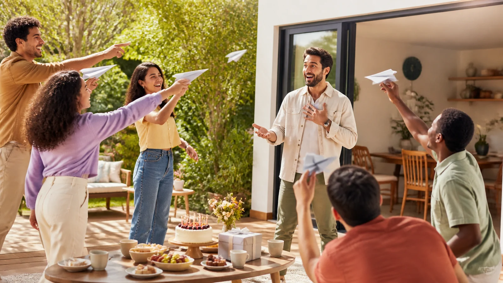 Los deseos que vuelan de regreso — Friends in several sunlit garden and home spaces send simple blank paper planes toward a joyful birthday adult, captured as one believable playful moment with generous safe framing.
