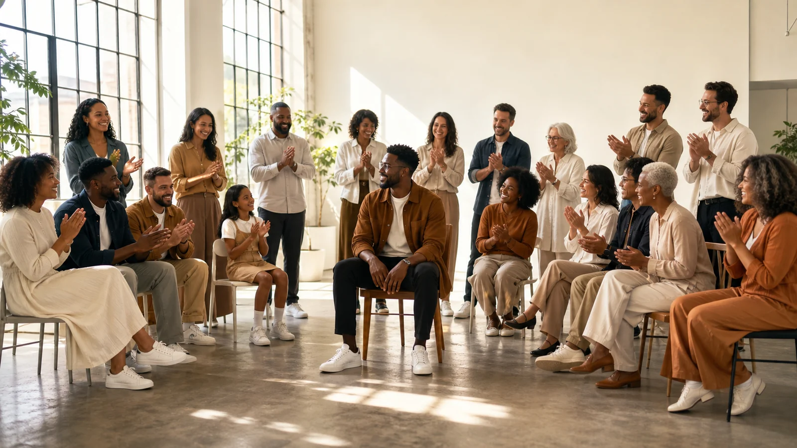 One seat, many ways of seeing you — A celebrated adult sits on a simple chair in a spacious bright studio while distinct groups of friends, family and colleagues are revealed in a warm circular arrangement, candid eye contact and natural daylight.