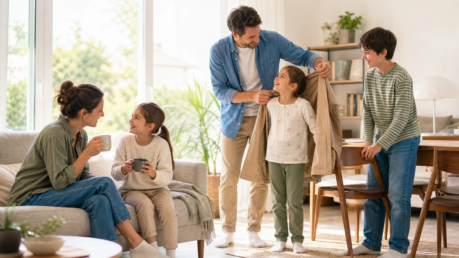 The little things that make you unmistakable — A joyful family in a bright sunlit home mirrors one loved adult's small everyday gestures across tea, a coat and a pulled-out chair, captured as a coherent candid group scene rather than a collage.