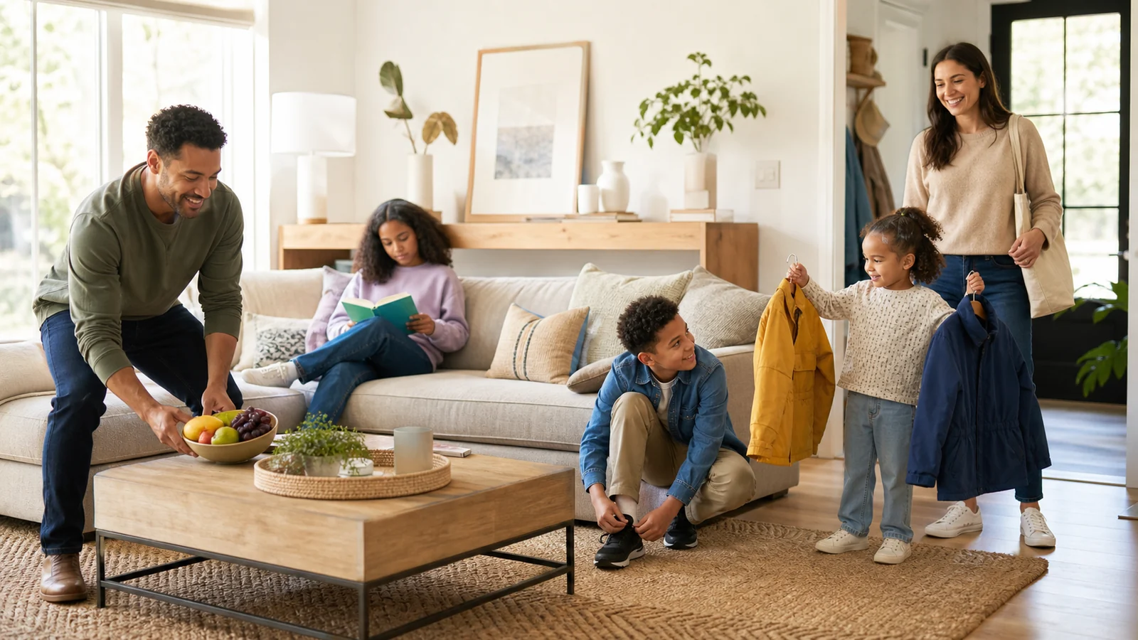 Our first Sunday with room for everyone — A blended family shares a bright relaxed Sunday at home with breakfast, one person reading and others preparing a walk, different activities peacefully side by side, complete natural figures.