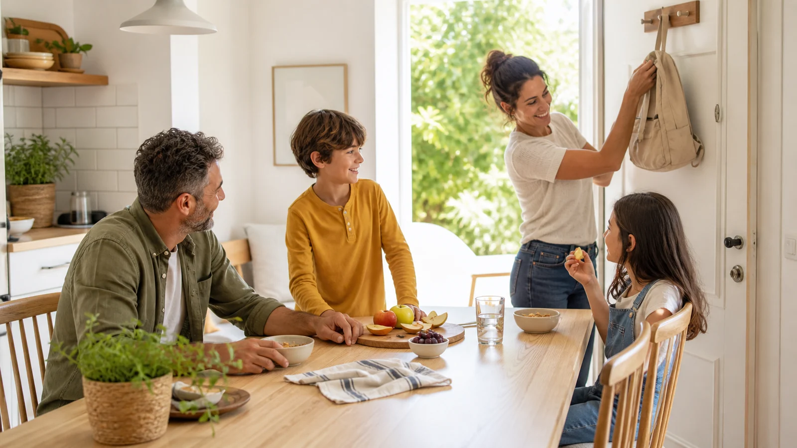 Quand l’après-midi redevenait la maison — An adult family recreates a warm after-school kitchen ritual in bright daylight, hanging a plain bag, preparing a simple snack and talking around a pale wooden table, no brands or text.
