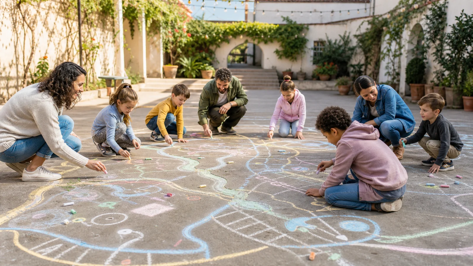 La mappa di gesso della nostra infanzia — Children and adults draw a large original chalk map of real childhood games across a sunny courtyard, with paths, circles and playful marks but no readable words, joyful collaborative movement.