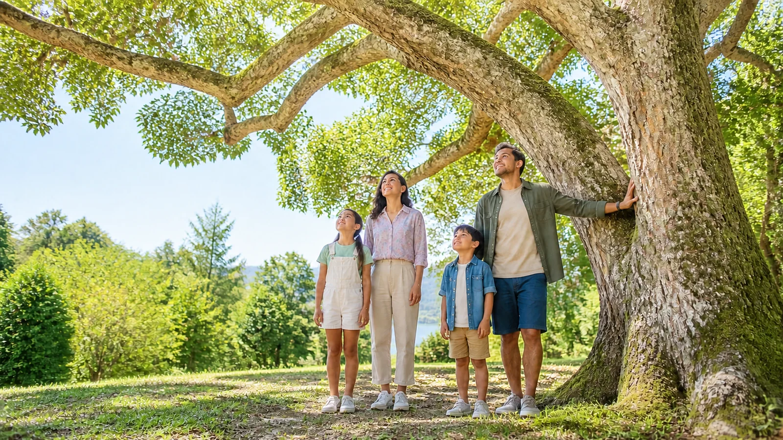The first branch you chose for yourself — An adult and family stand safely beneath a beloved low-branched tree in bright daylight, one hand touching the trunk while children remain on the ground, warm trust and open sky.