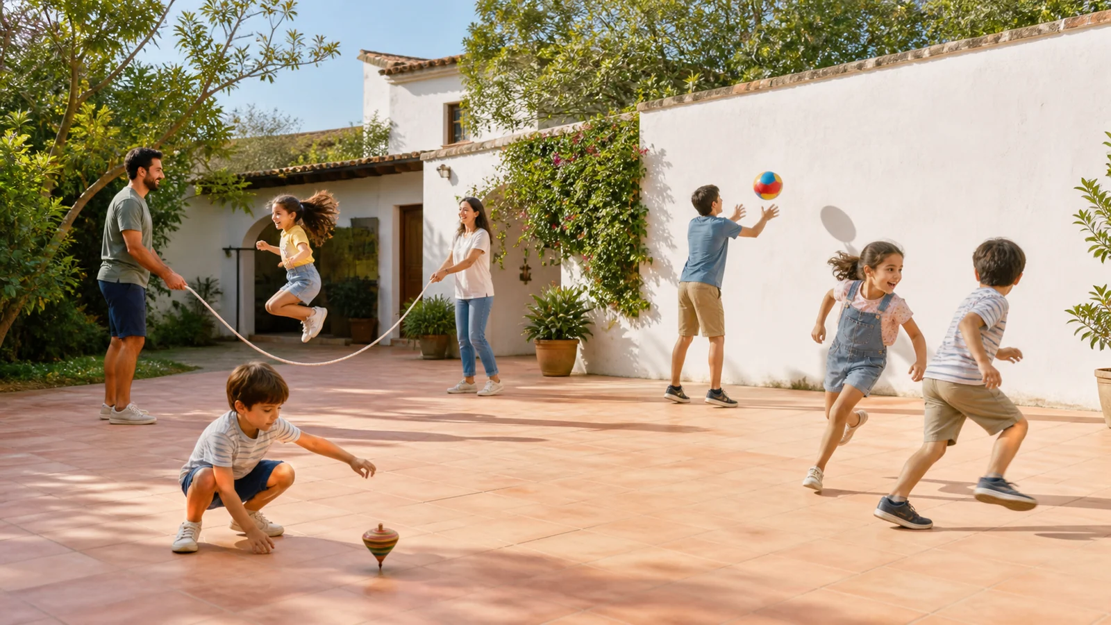 Four games in our old yard — Adults and children safely play four simple original yard games across one sunny courtyard—jump rope, ball wall, spinning top and tag—in a flowing joyful composition with no brands.