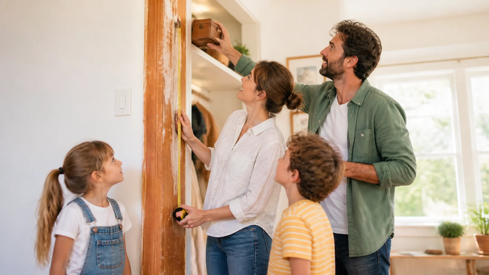 I segni sulla vecchia porta — An adult and family stand beside authentic old height marks on a sunlit wooden doorframe, rolling up a measuring tape and reaching a keepsake from a high shelf, warm present-day connection.