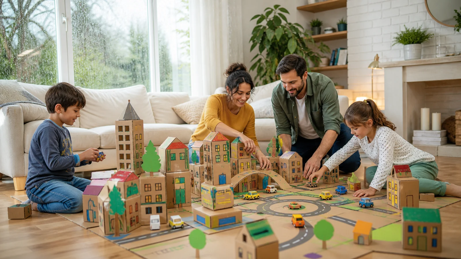 La città di cartone del giorno di pioggia — A family builds a large original cardboard city across a bright living-room floor on a rainy day, plain unbranded boxes, colorful hand-drawn roads without words, children redesigning it joyfully.