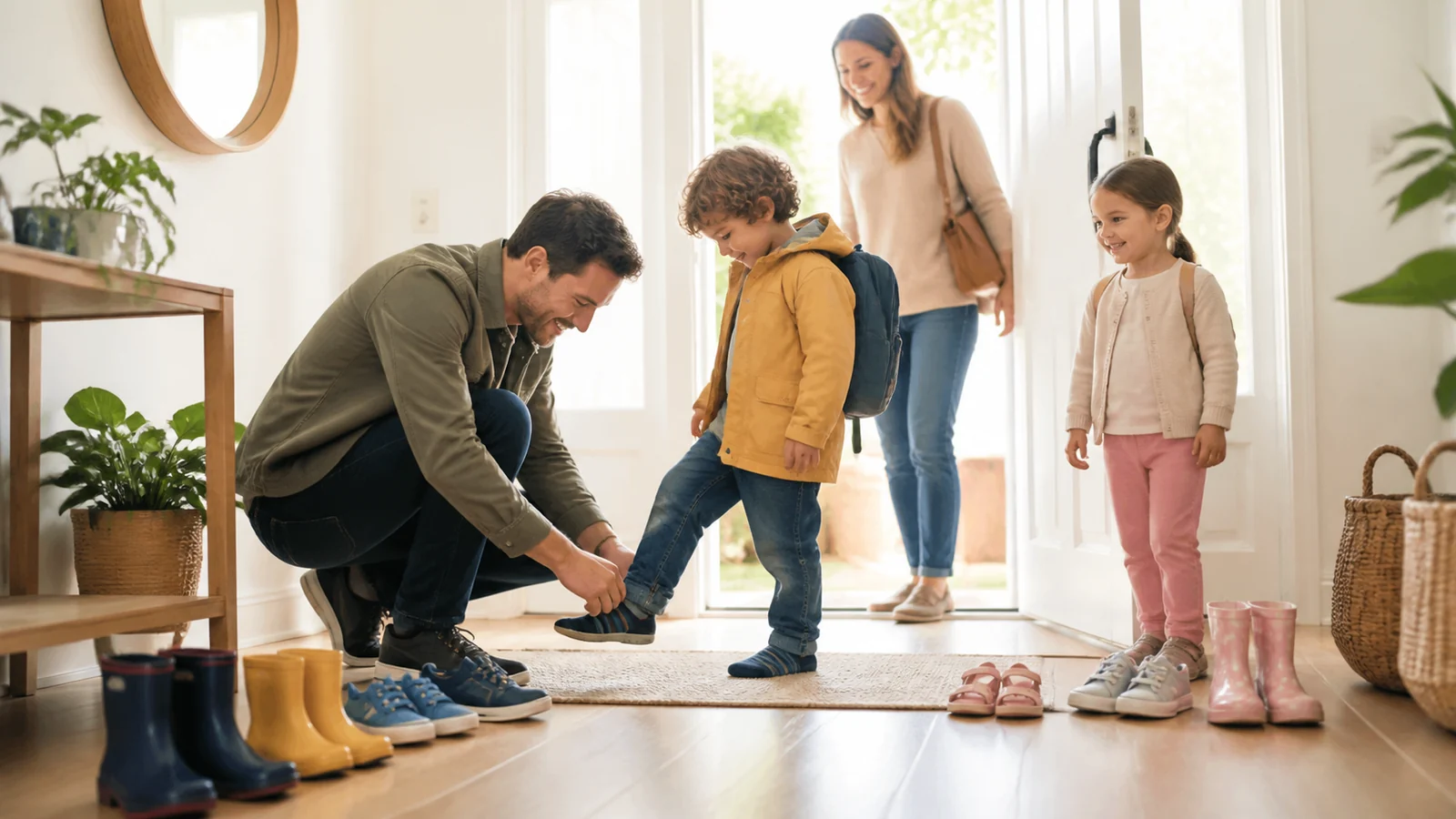 Les chaussures qui attendaient près de la porte — Several pairs of real childhood shoes—rain boots, gym shoes and sandals—line a bright home doorway as an adult and family prepare to step outside together, warm daylight and candid nostalgia.