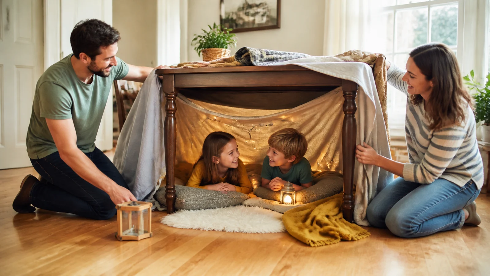 Il regno sotto il nostro tavolo — Adults and children rebuild a bright safe blanket den beneath a real dining table using unbranded fabrics and simple household objects, joyful floor-level family play in daylight.