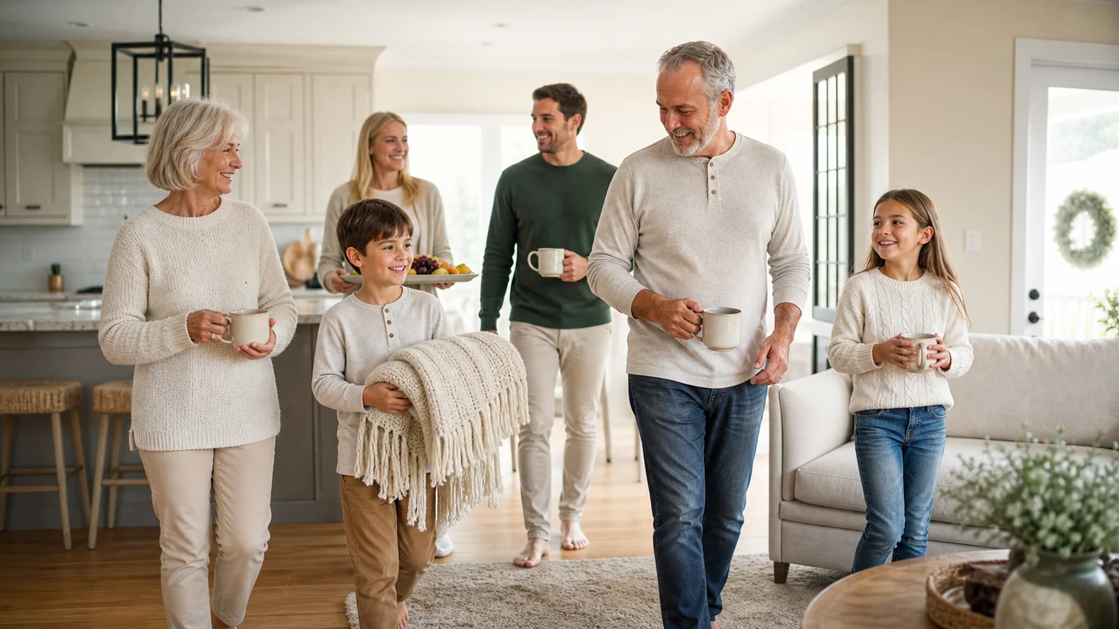 Un giro nel nostro mattino di Natale — A multigenerational family moves naturally between a bright kitchen and living room on Christmas morning, carrying a blanket, fruit board and plain mugs, airy daylight and no tree-centered cliché.