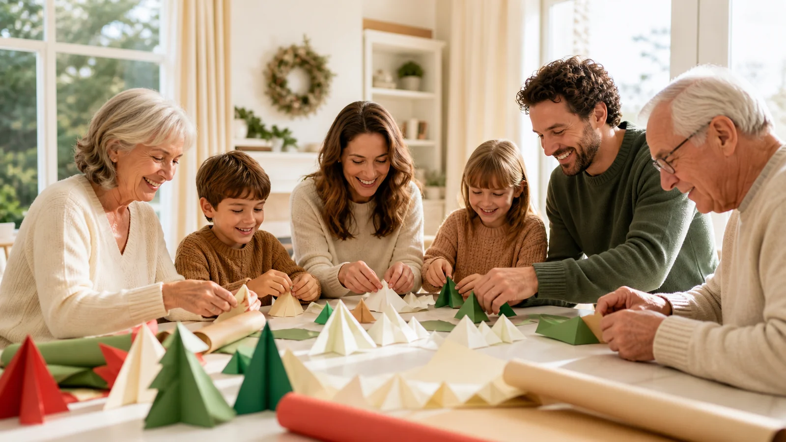 The Christmas landscape made by our hands — A multigenerational family joyfully folds plain cream and colorful wrapping paper into a miniature winter landscape on a bright dining table, warm daylight, no printed patterns, text or logos.