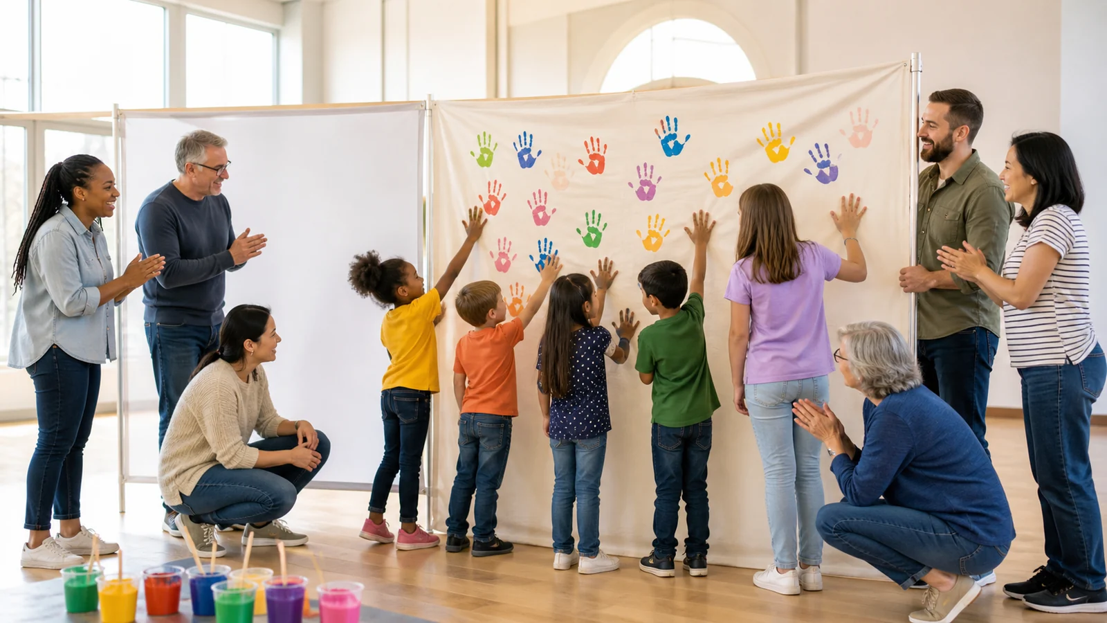 Un nouveau pan pour notre année de club — A mixed-age community club safely adds colorful voluntary handprints to one new plain fabric panel beside an unbranded banner in a bright hall, inclusive teamwork and full figures.