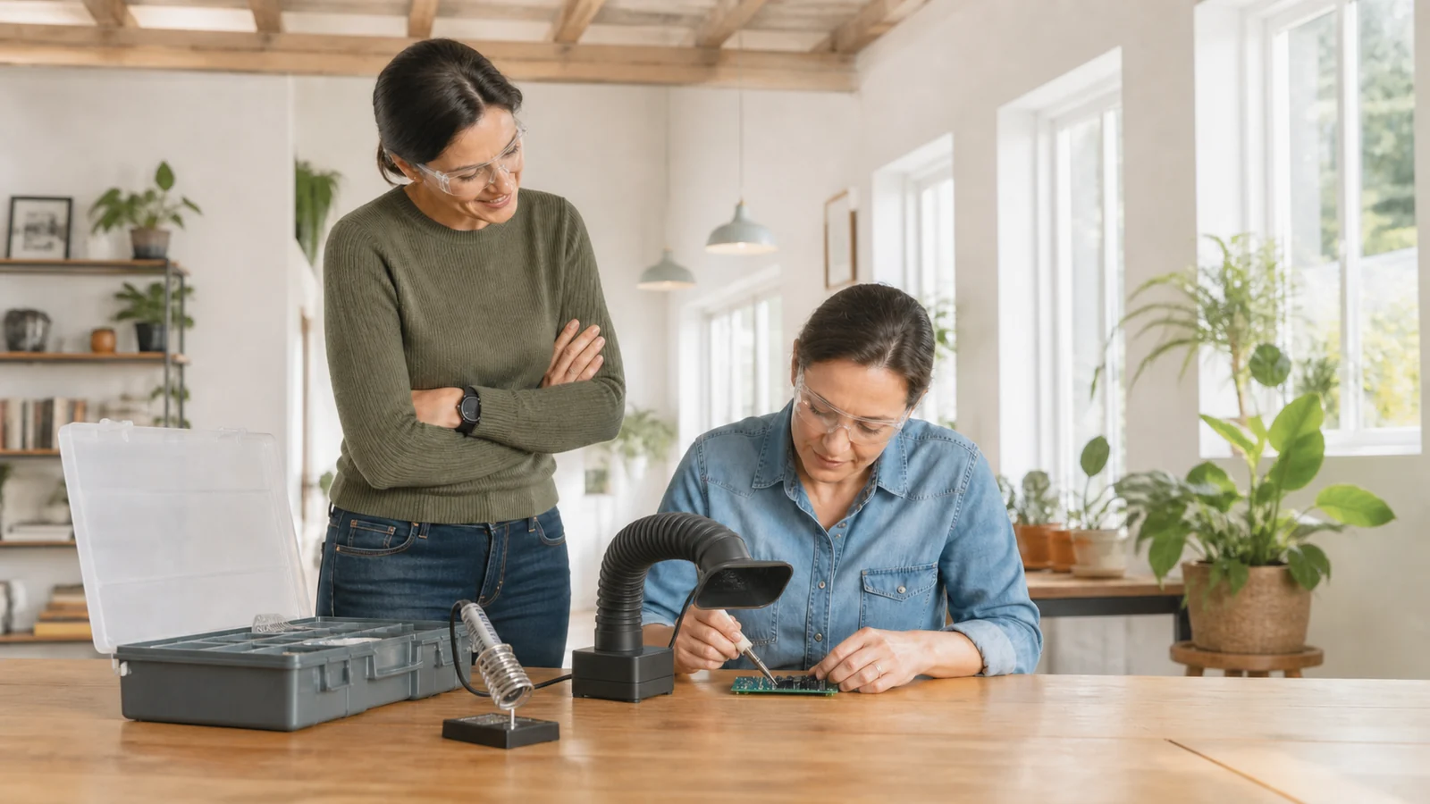 What remains in your hands after the course — An adult learner uses one simple unbranded course tool safely at a bright table while an instructor observes with warm confidence, an open organized tool box and complete natural figures.