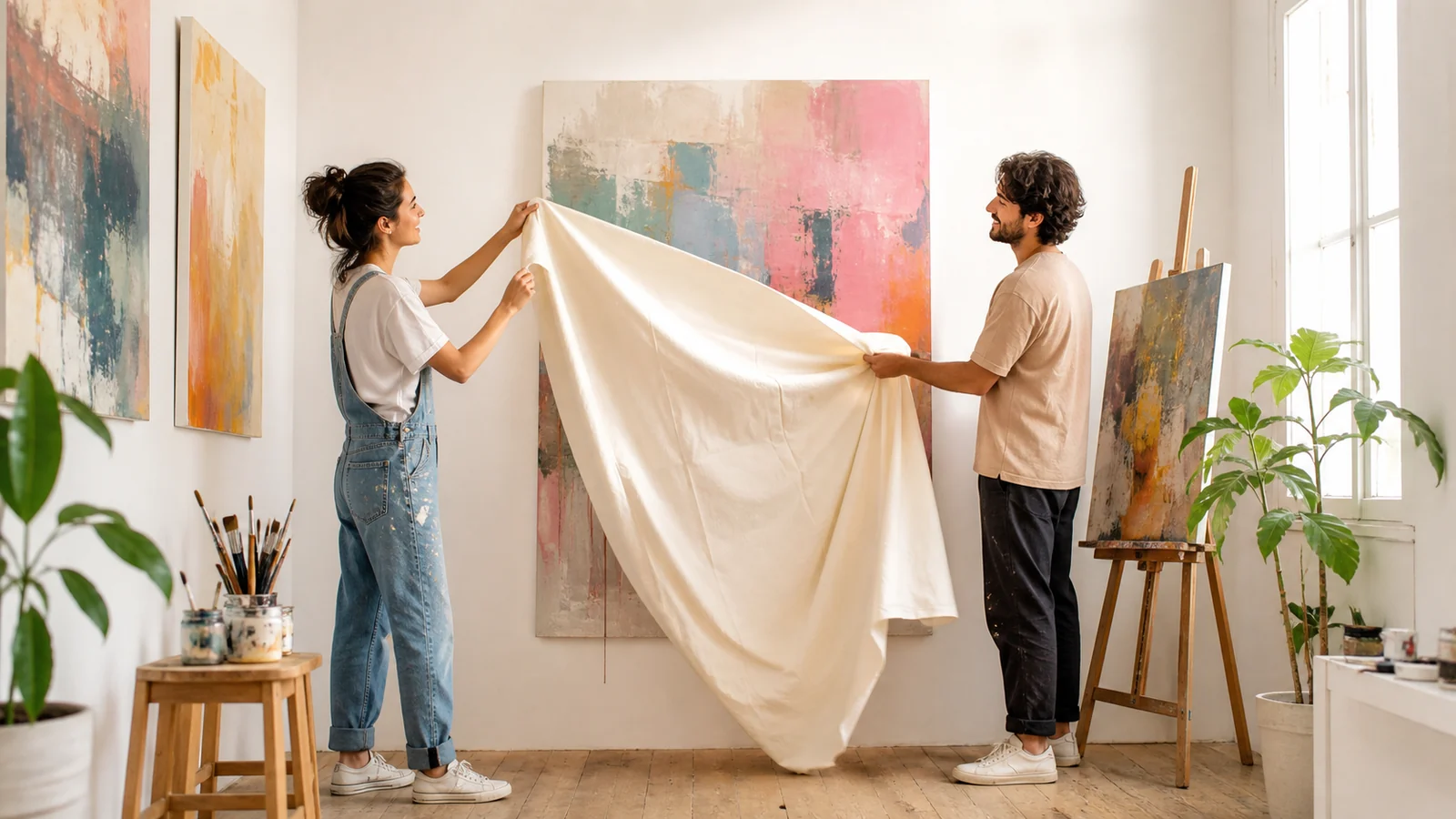 Die Wand, vor der du dich gezeigt hast — A young adult artist and one supportive friend gently pull a plain light fabric away from an original abstract artwork in a bright small gallery, setup tools visible, natural complete figures and no signage.
