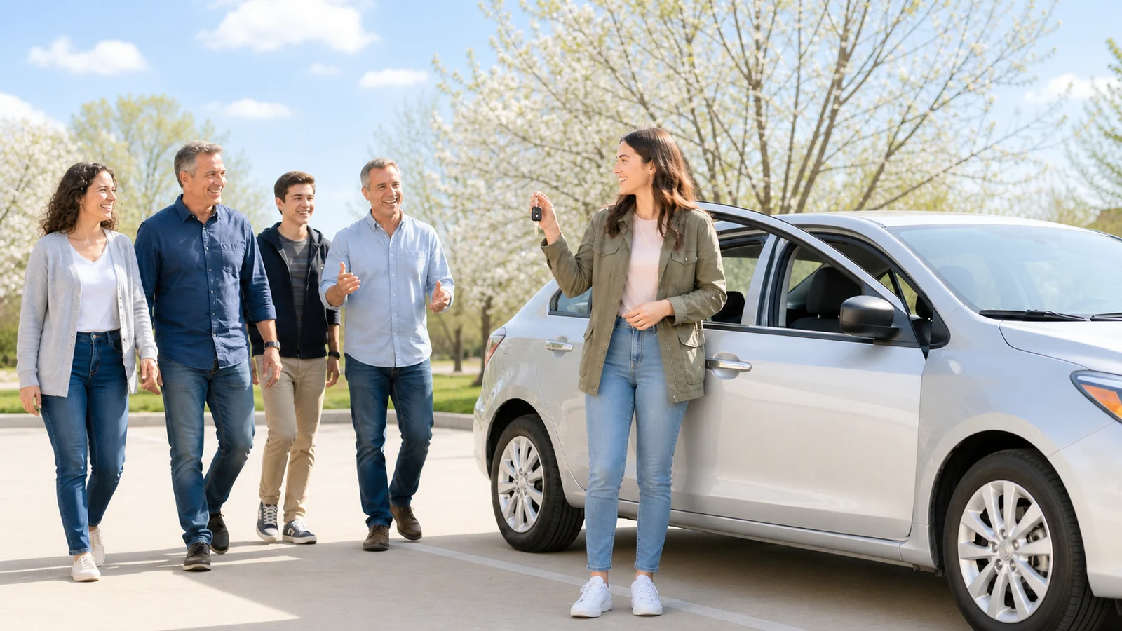 Der erste freie Beifahrersitz — A newly licensed young adult stands beside a safely parked plain compact car with an open passenger door while supportive family and driving mentors approach in bright daylight, full bodies and no road action.