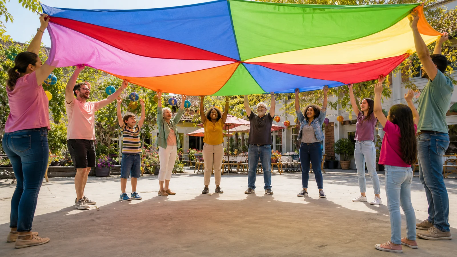 The canopy made from our cloth — A diverse community safely raises a bright canopy made from eight plain colorful fabric panels over a sunny festival courtyard, visible teamwork, full people and no cultural motifs or logos.