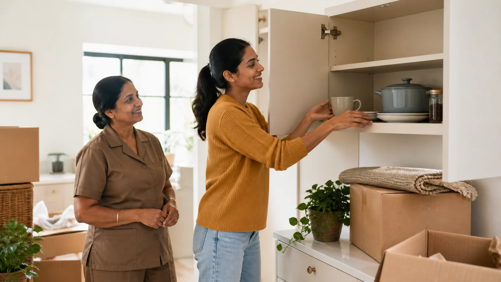 Das erste Küchenfach, das nur du einräumst — A young adult arranges a plain mug, two plates, spice jar and slightly oversized pot in the first cupboard of a bright small kitchen while a family helper waits for direction, complete natural figures.
