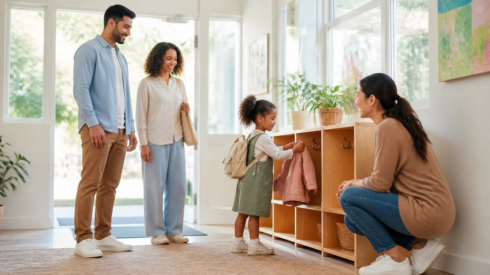 El pequeño perchero del primer día — A young child on a first school day places a small unbranded coat on a low wooden hook in a bright welcoming classroom entrance while parents and teacher remain nearby, calm pride and complete safe framing.
