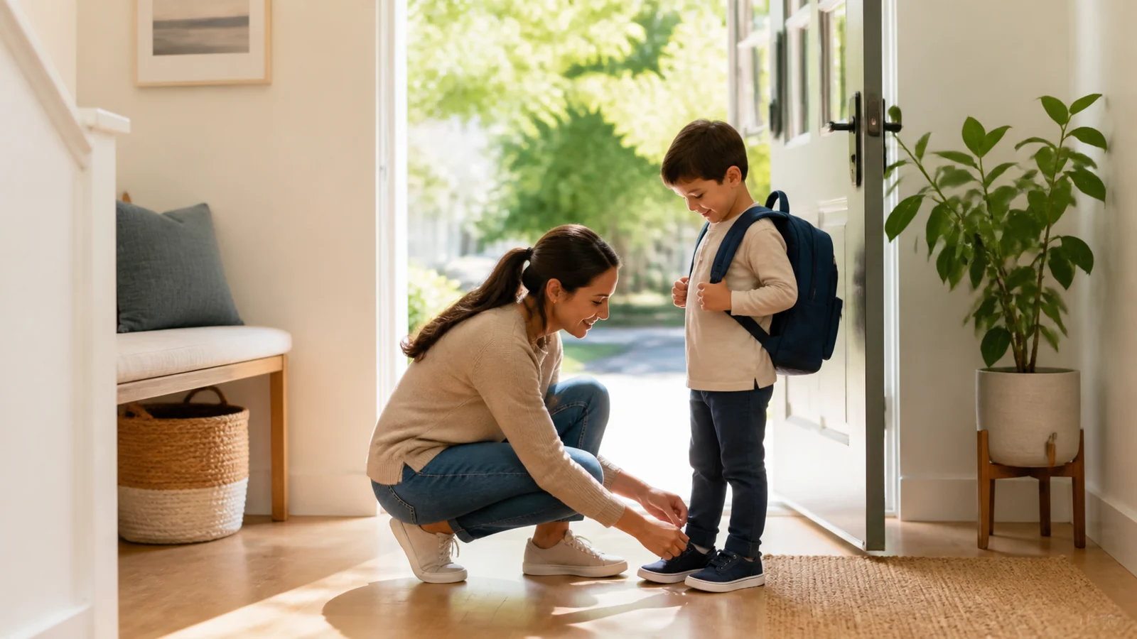 El cordón antes del primer camino — A child and parent tie one shoelace together in a bright home entry, then stand ready for a safe first school walk, full bodies visible, plain clothing and anonymous sunlit surroundings.