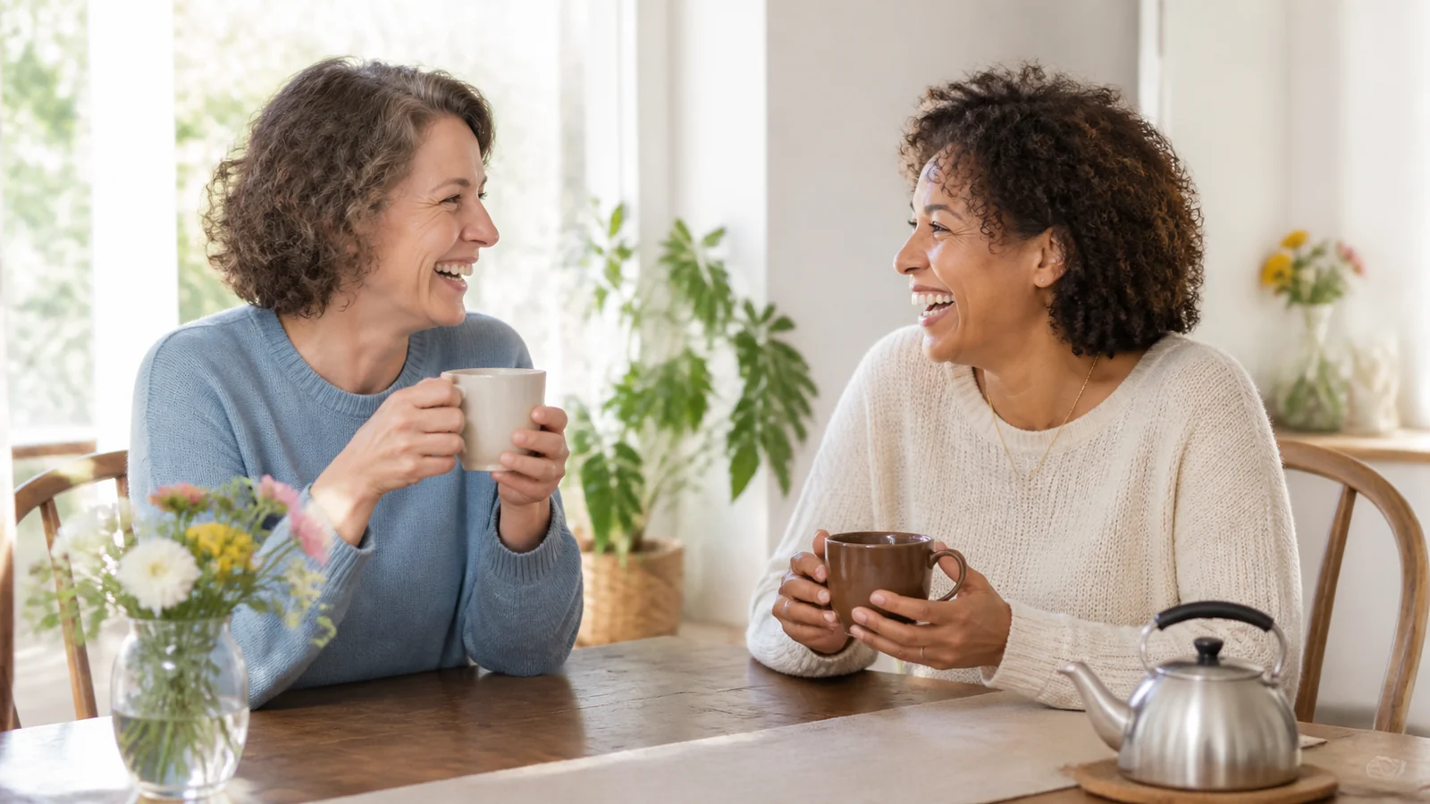 Zwei Tassen nach langer Zeit — Two longtime adult friends meet again at a bright table with two very different plain tea cups, a kettle safely set aside, tentative warm eye contact becoming natural laughter, complete figures.