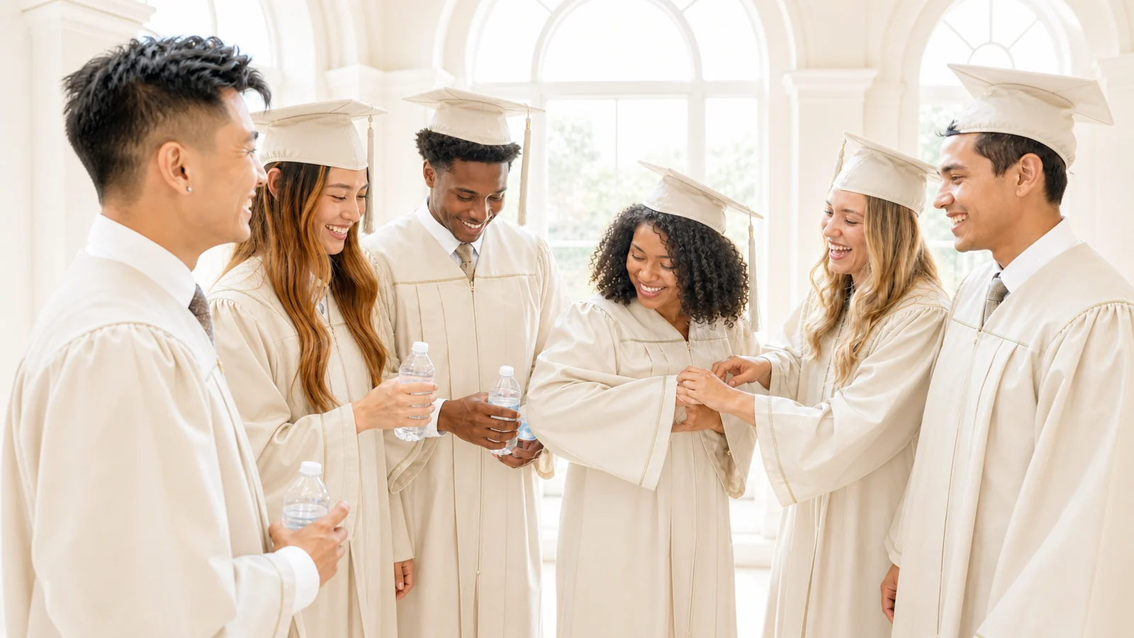 Les minutes avant l’ouverture des portes — A diverse group of graduates shares a bright candid backstage pause before a real ceremony, helping with sleeves, passing water and laughing naturally near closed sunlit doors, no logos.