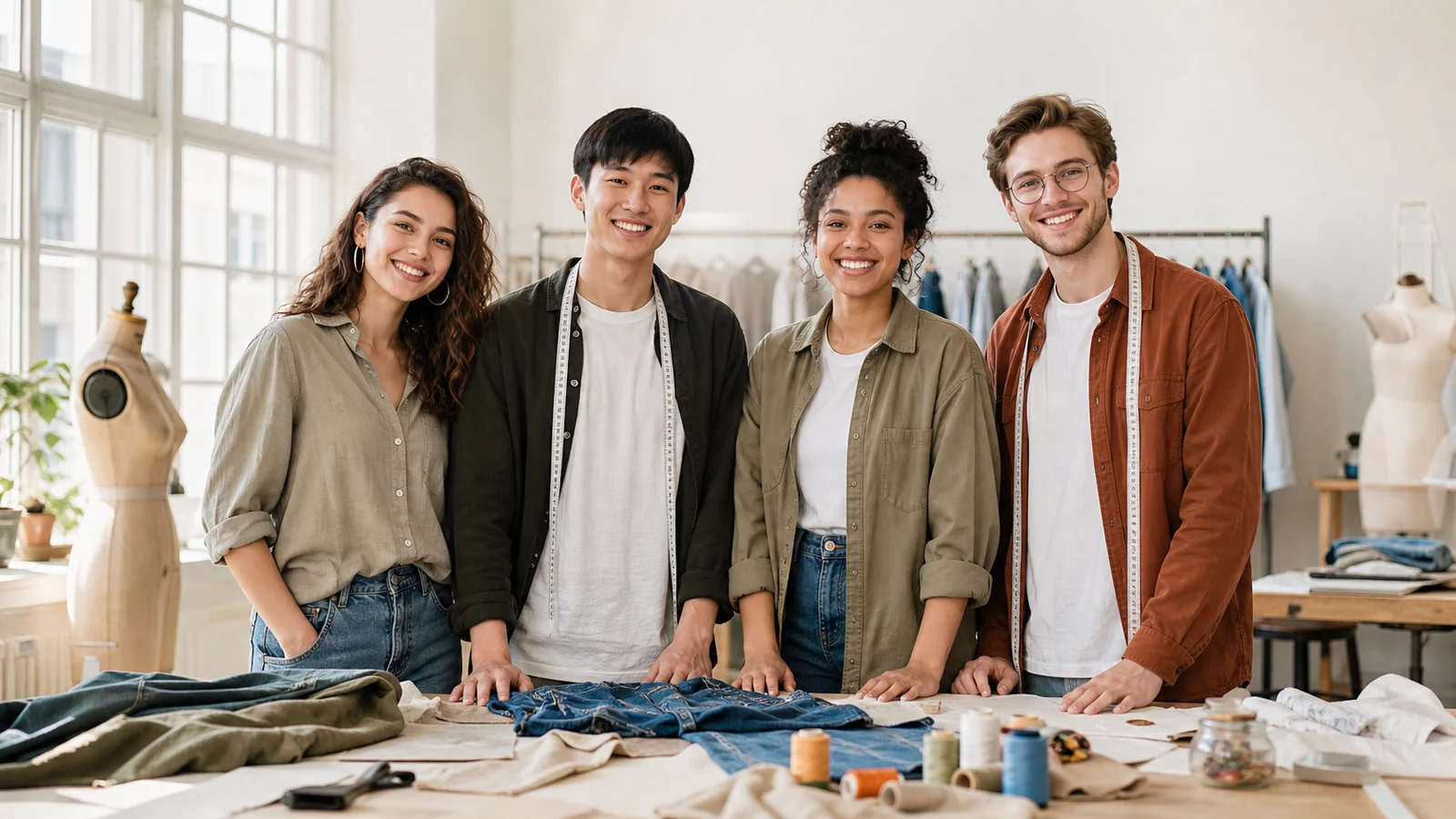 Le fil de nos années d’école — Graduates in self-chosen unbranded clothing arrange real fabric details, a repaired seam and a simple colored thread on a bright studio table, then stand together proudly in daylight.
