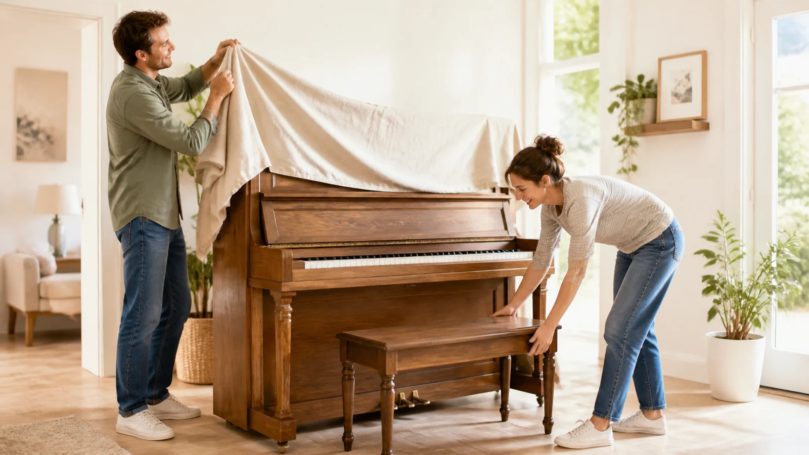 When the dust cover came off again — An adult gently lifts a pale dust cover from a long-unused unbranded upright instrument or craft table in a bright room while one friend checks safe setup, curious warm faces and complete figures.