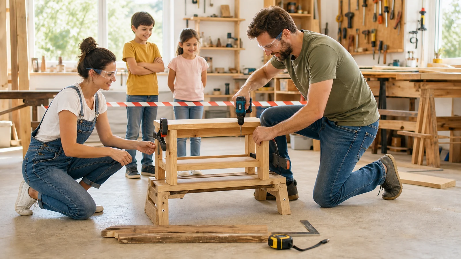 The last screw belongs to all of us — A family team gathers around a nearly finished small wooden bench in a bright home workshop as one adult safely turns the final screw, measuring tools and one imperfect board visible, full figures.