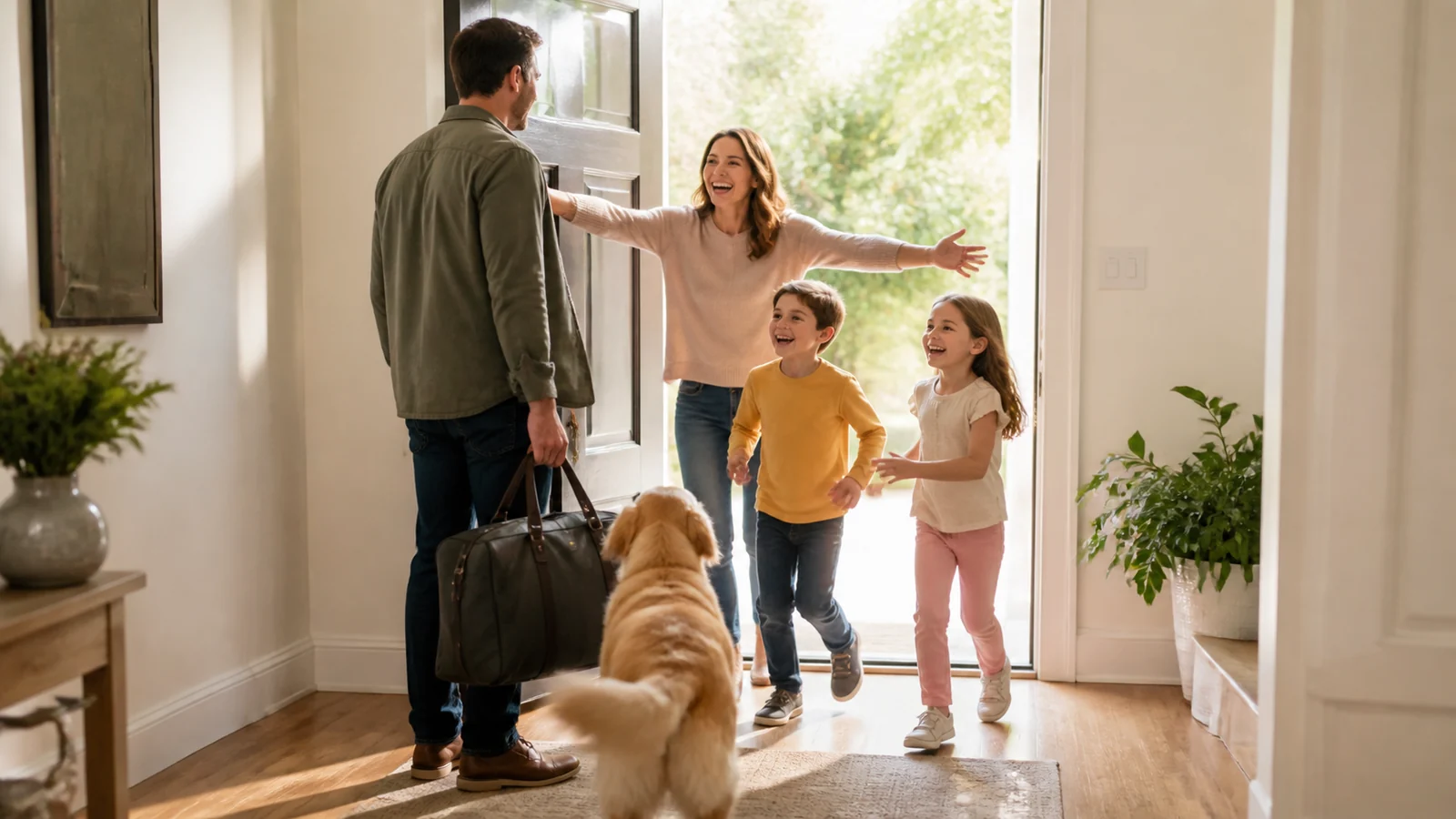 Dos umbrales, un camino de vuelta — A returning adult sets down a travel bag at a bright anonymous home doorway as loved ones greet them with open, unforced warmth, shoes and plain keys visible, complete figures and no address.