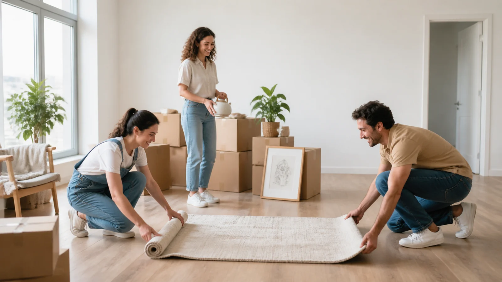 How the first echo became home — A person and close helpers unpack a pale rug, plain kettle, framed personal drawing and green plant in a bright new apartment, a few boxes remain, airy complete figures and no address details.
