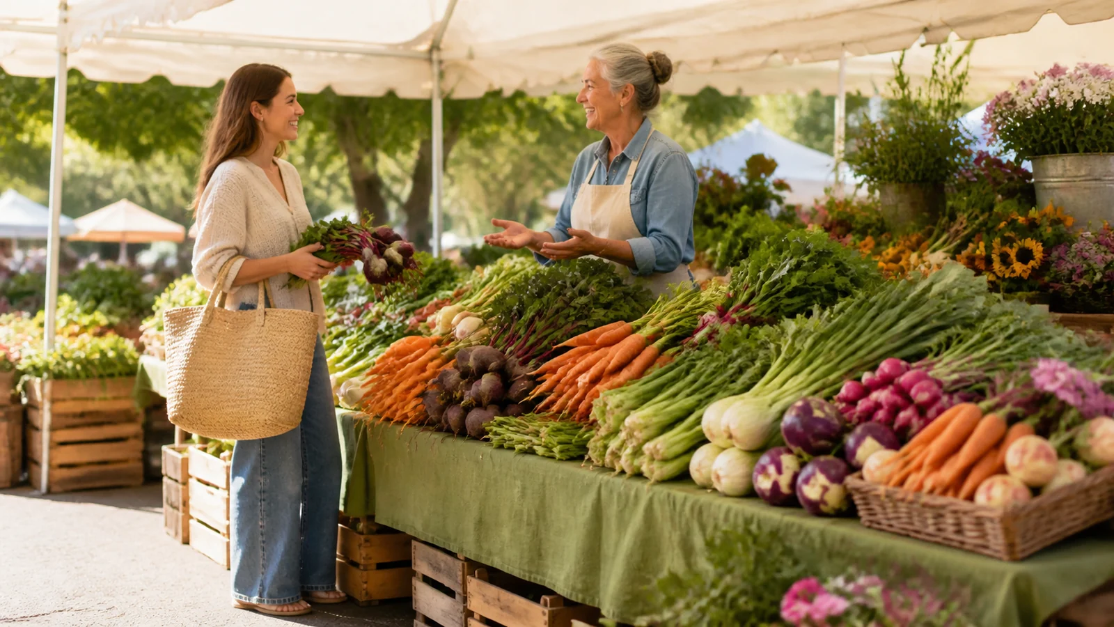 Quando la nuova città ti ha riconosciuto — A newcomer with a reusable woven bag is warmly recognized by a friendly market vendor at the same bright produce stall, familiar eye contact, seasonal vegetables, full figures and no prices or signs.