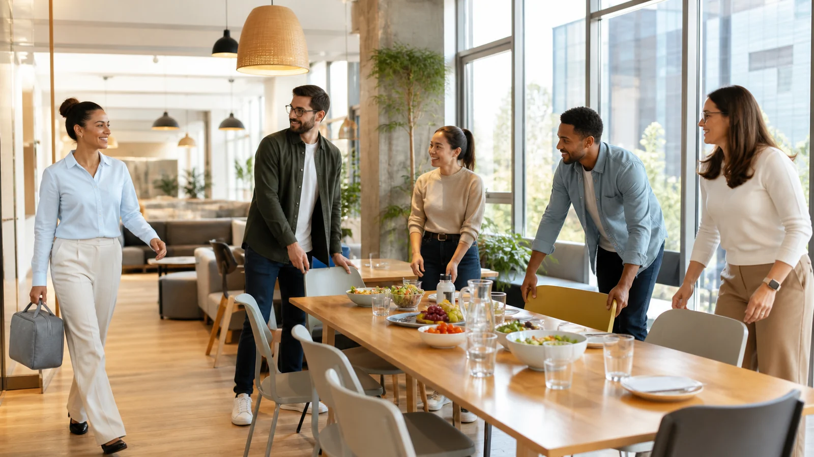The chair at the first lunch table — A new employee carrying a plain lunchbox approaches a bright communal lunch table as friendly colleagues gently move one chair to make room, candid welcome, complete figures and no office logos.