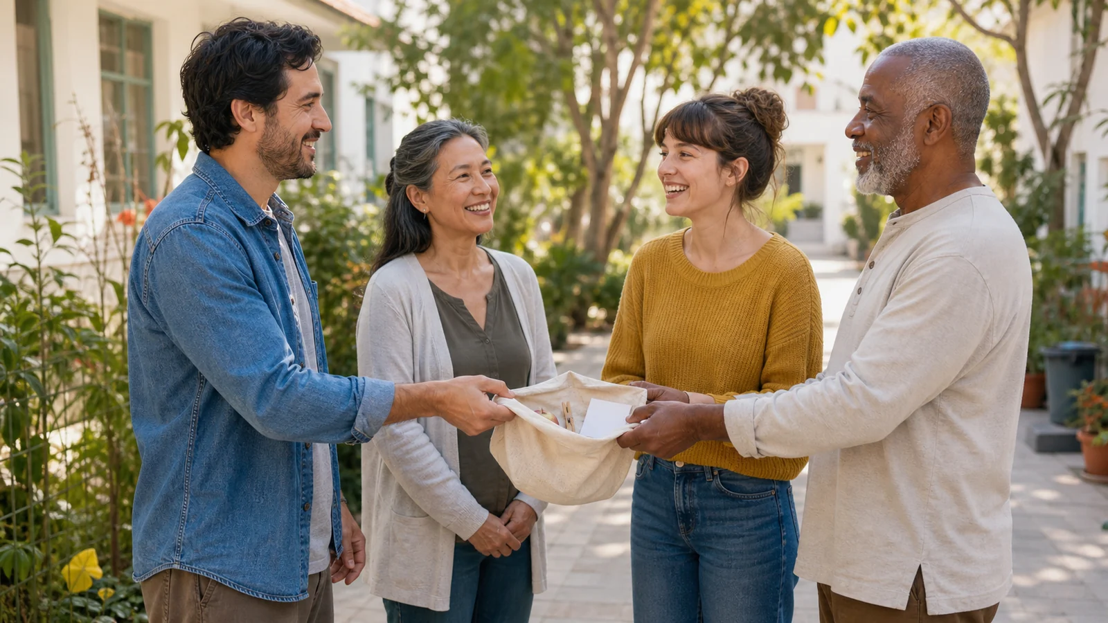 La borsa che ha portato i primi nomi — New adult neighbors meet in a bright shared courtyard and pass a plain cloth bag containing a wooden clothespin, apple and seed packet, warm introductions, complete figures and no apartment numbers.