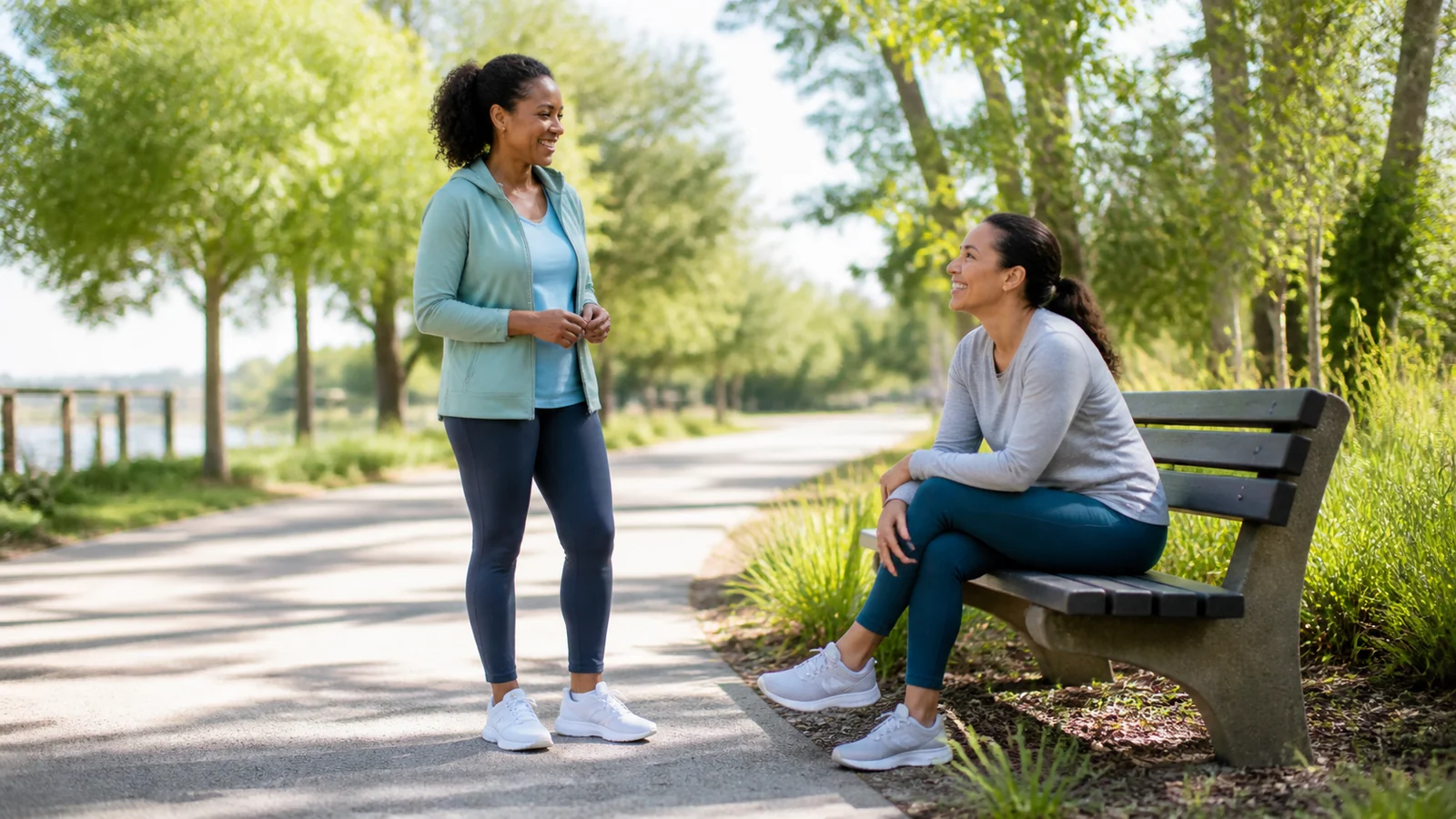 The short loop you choose — Two adult friends take a gentle short walk on a flat bright park path, one choosing to pause on a nearby bench while the companion waits supportively, complete figures, no medical equipment or achievement pose.