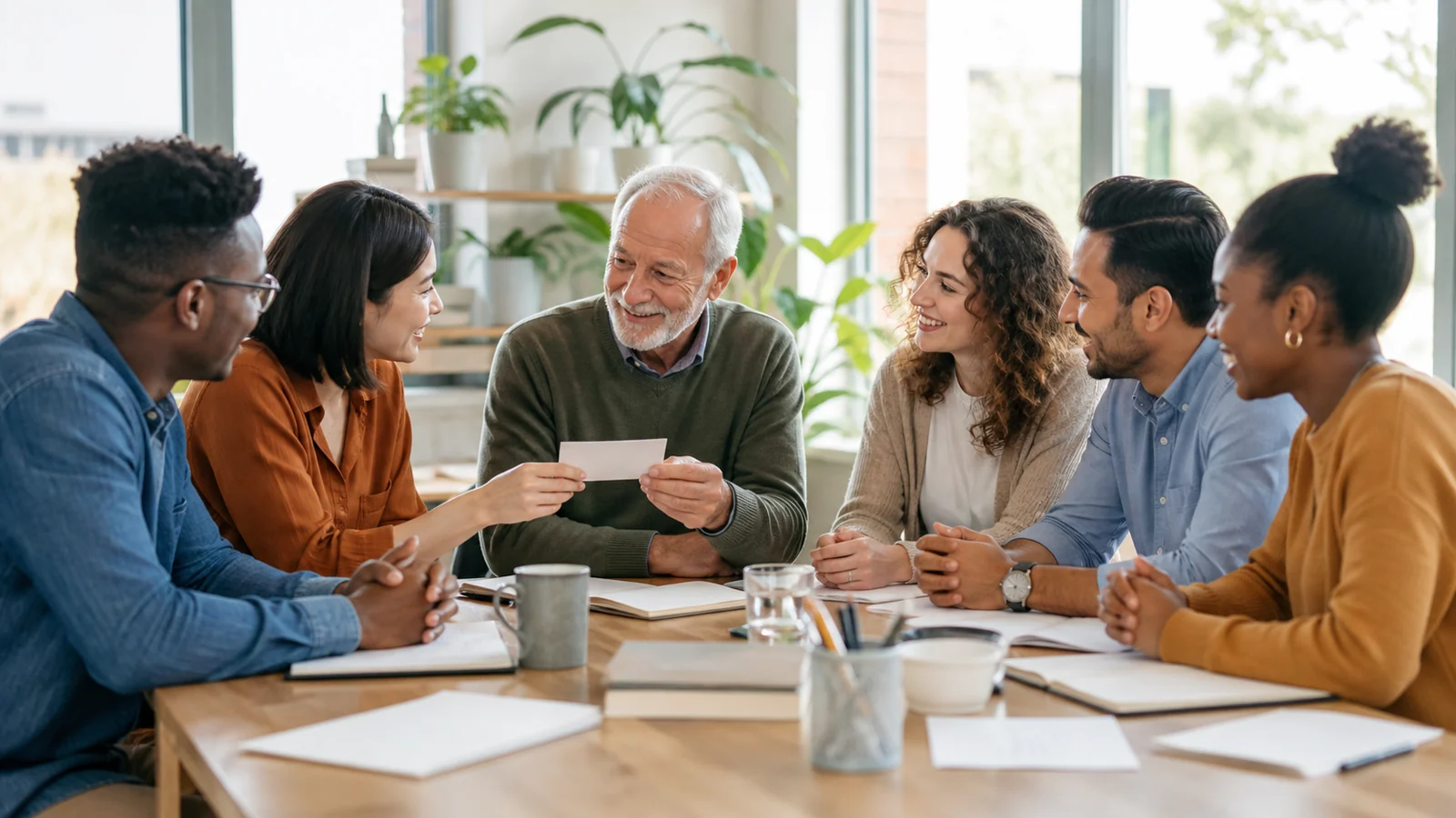 The question the team keeps — A retiring mentor and diverse colleagues pass one blank cream question card around a bright collaborative table, attentive eye contact, gentle laughter and natural daytime office without screens or logos.