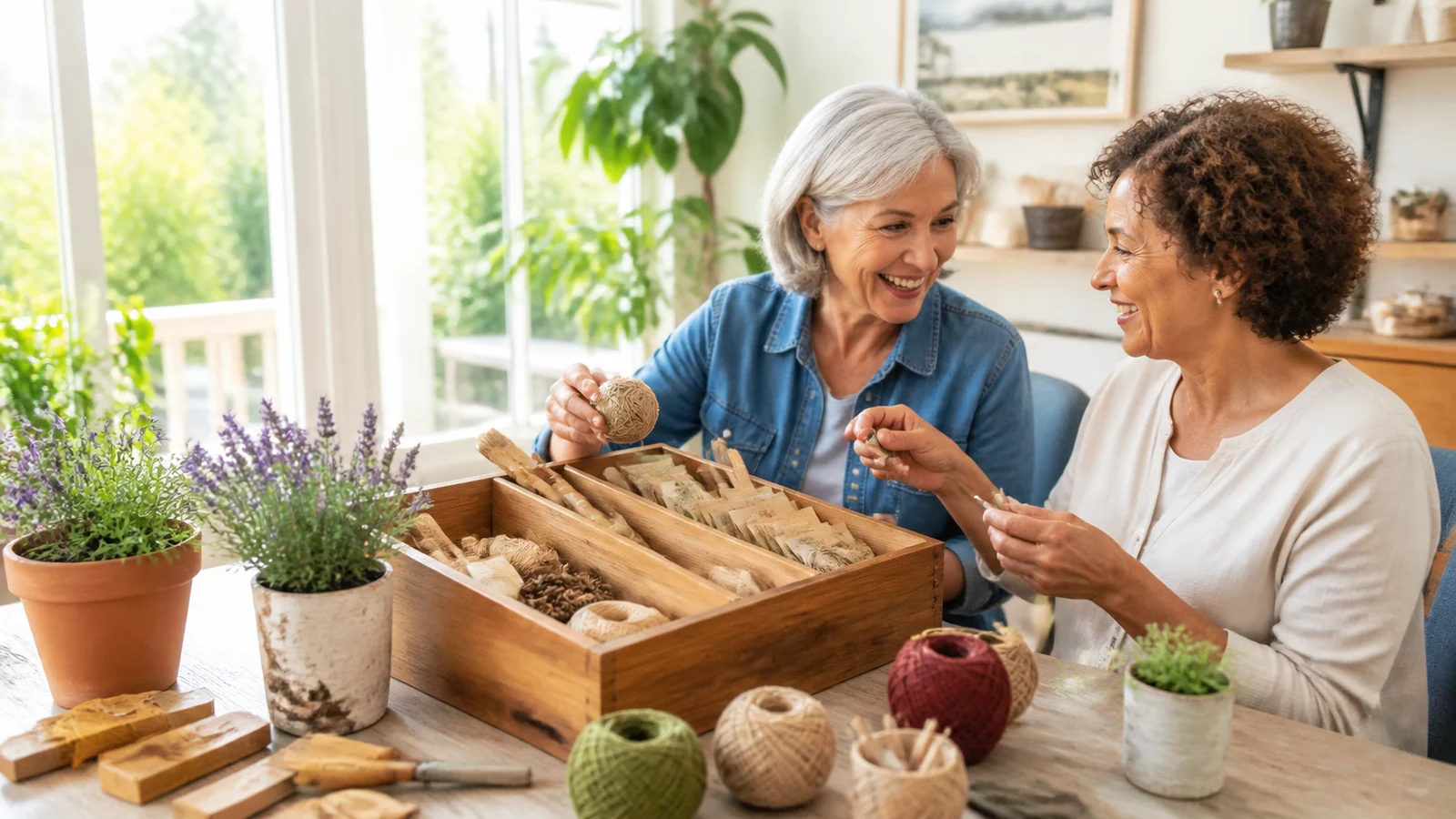The drawer full of maybe — A newly retired adult opens a sunlit wooden hobby drawer filled with simple unbranded brushes, yarn, seeds and small wood pieces, trying one craft with a close friend, bright playful natural scene.