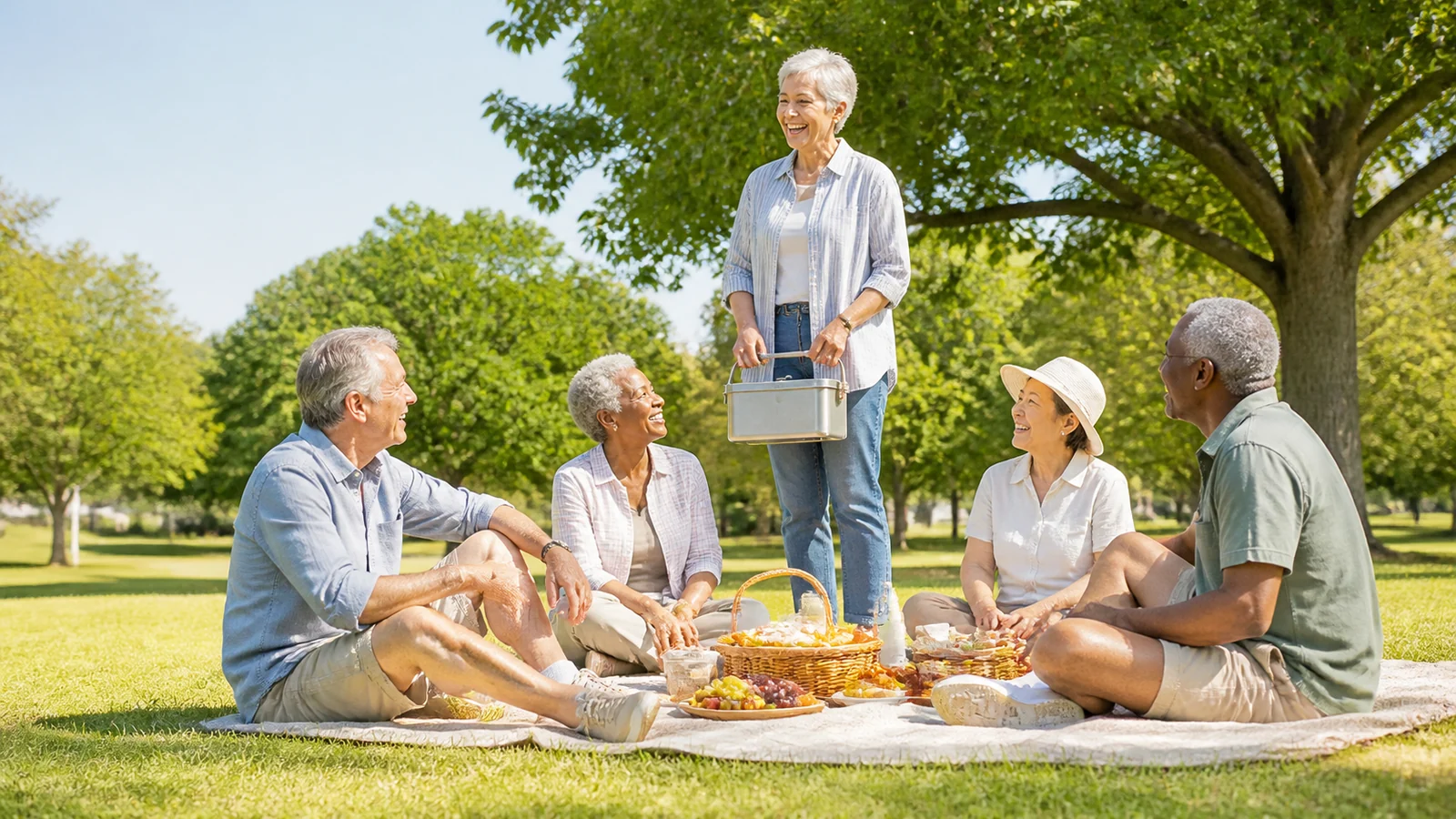 Die letzte Brotdose, das erste Picknick — A newly retired adult carries a familiar plain lunchbox from a bright doorway to a sunny first weekday picnic with close friends, light blanket, relaxed full-body composition and no workplace branding.