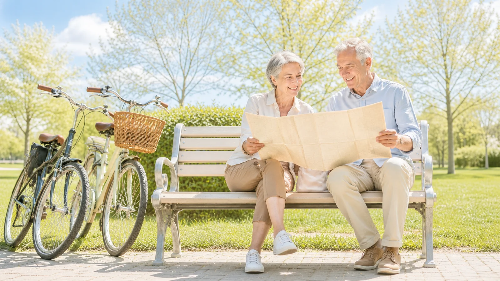 The map without deadlines — A newly retired adult and close companion unfold a handmade blank local map on a sunny park bench, bicycles parked safely nearby, bright neighborhood greenery and relaxed complete figures.