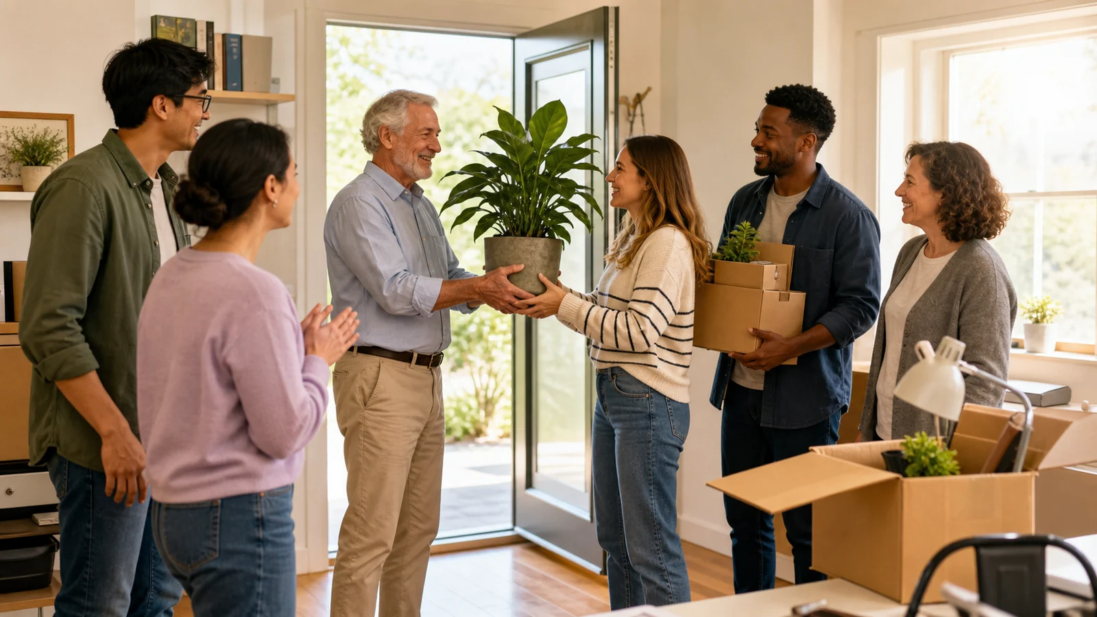 The plant moves to a new window — A retiring adult and warm multigenerational colleagues carefully pass a healthy office plant toward a bright open doorway and a sunlit home window, airy optimistic scene, full people and plain workspace.