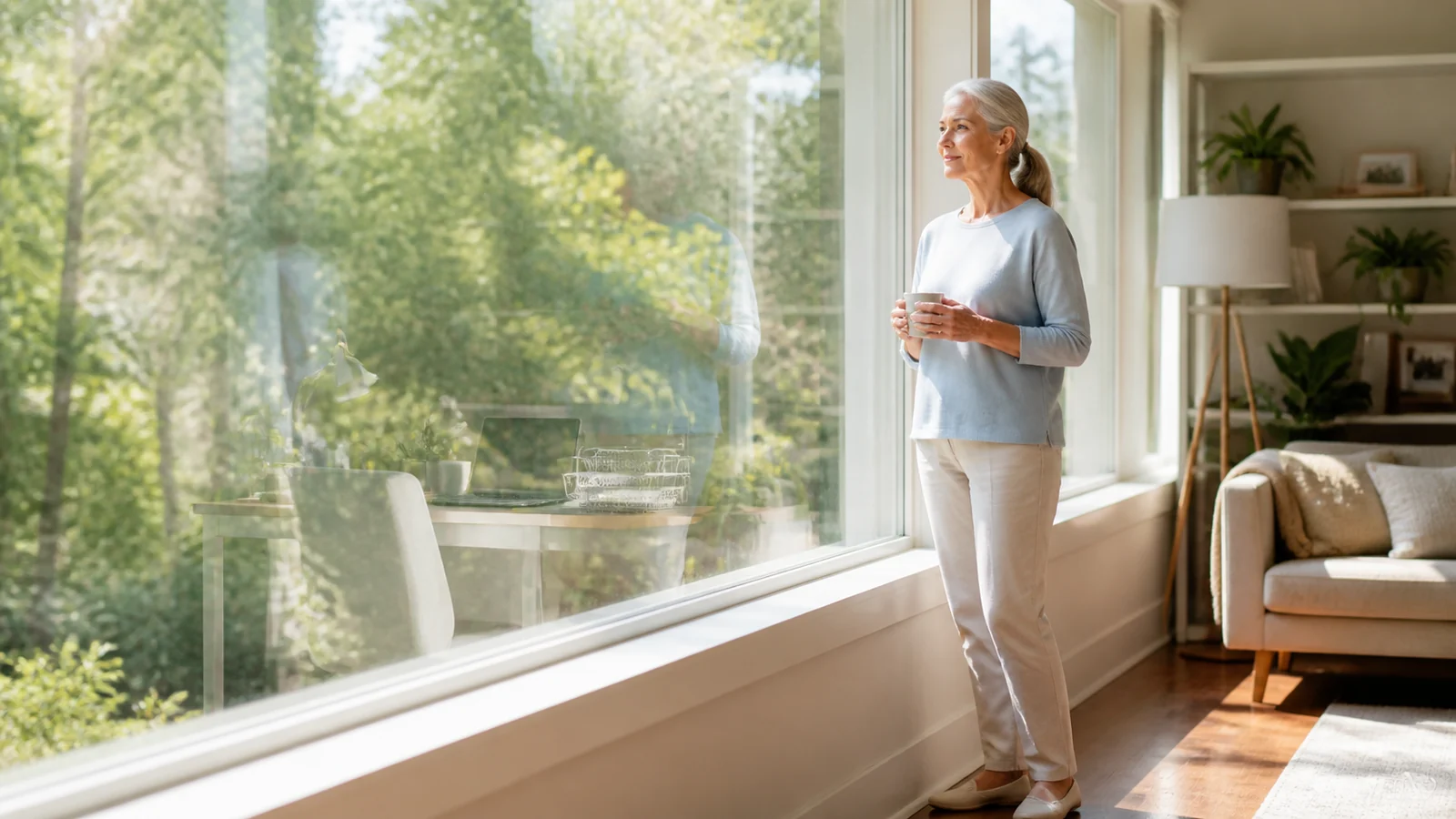 The same mug, a different morning — A newly retired adult holds one familiar plain ceramic mug beside a large bright home window, with subtle layered reflections suggesting former work mornings, peaceful high-key daylight and full relaxed figure.