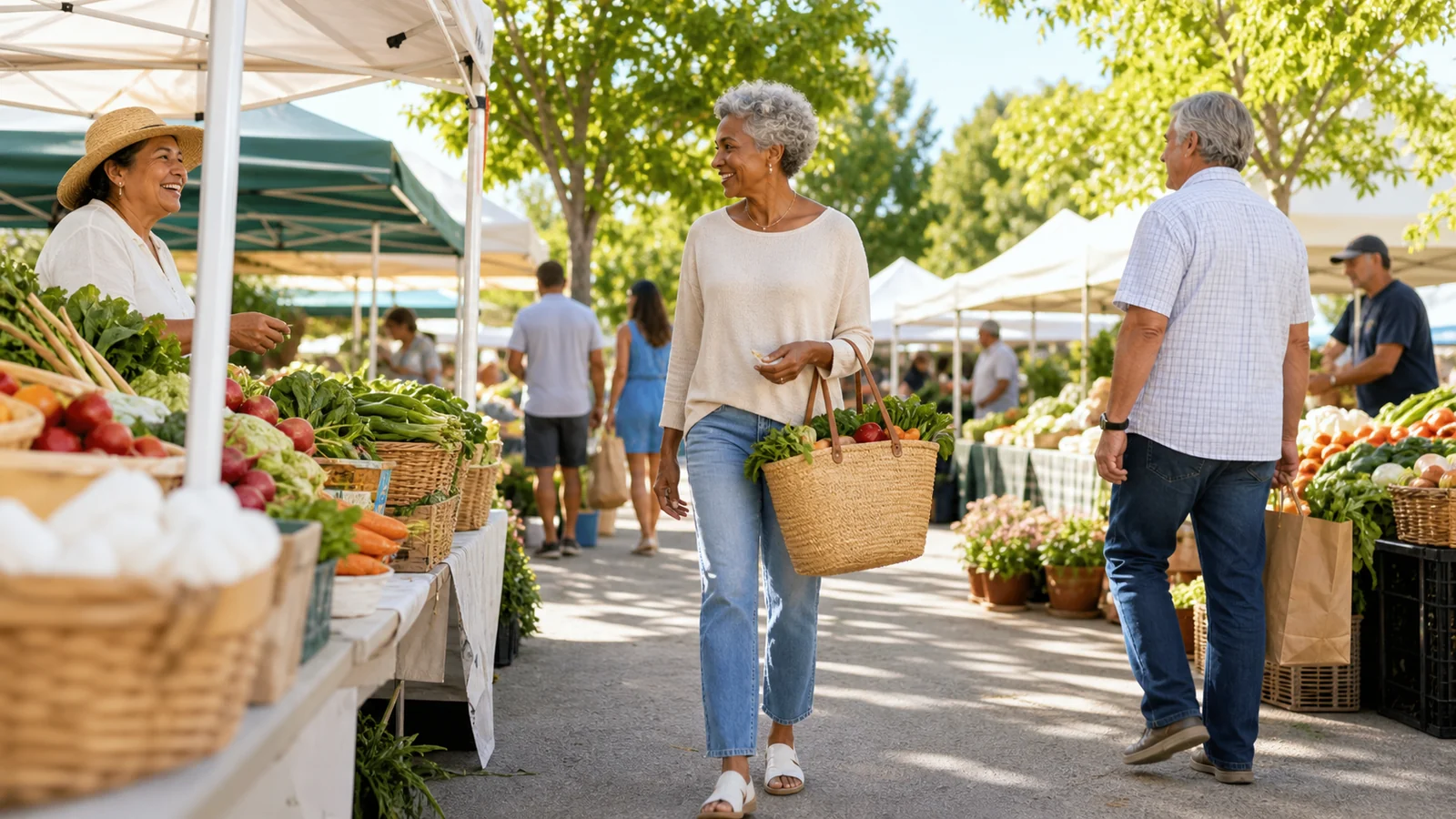 A free morning in the market basket — A newly retired adult strolls through a bright open-air weekday market with a woven basket slowly filling with colorful seasonal produce, relaxed conversations, natural daylight and full-body framing.