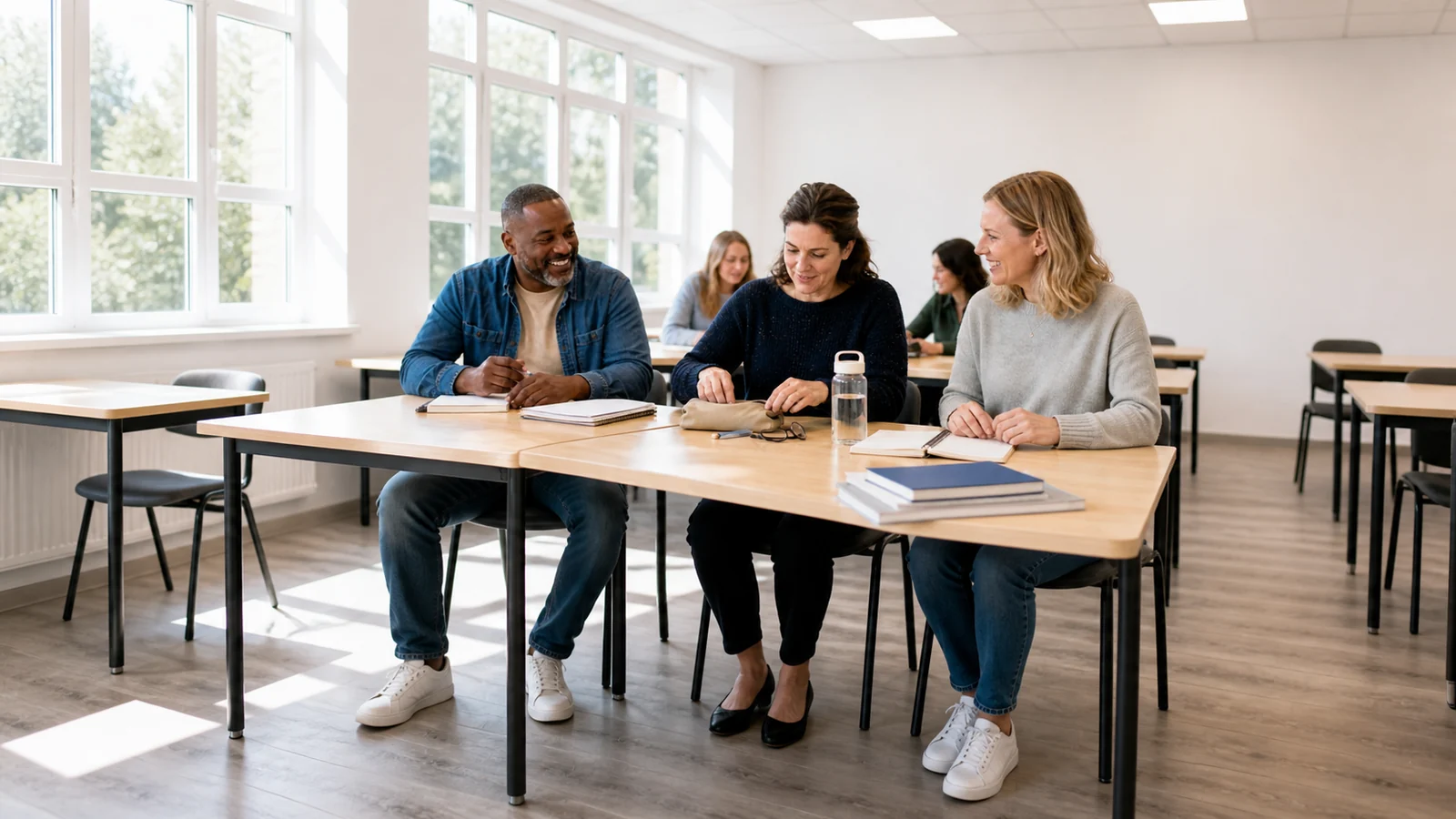 Das Stiftetui für den Weg zurück ins Lernen — An adult returning to education opens a familiar plain pencil case at a bright classroom table, comfortable pen, eraser, glasses and water ready, welcoming peers nearby and no institutional text.