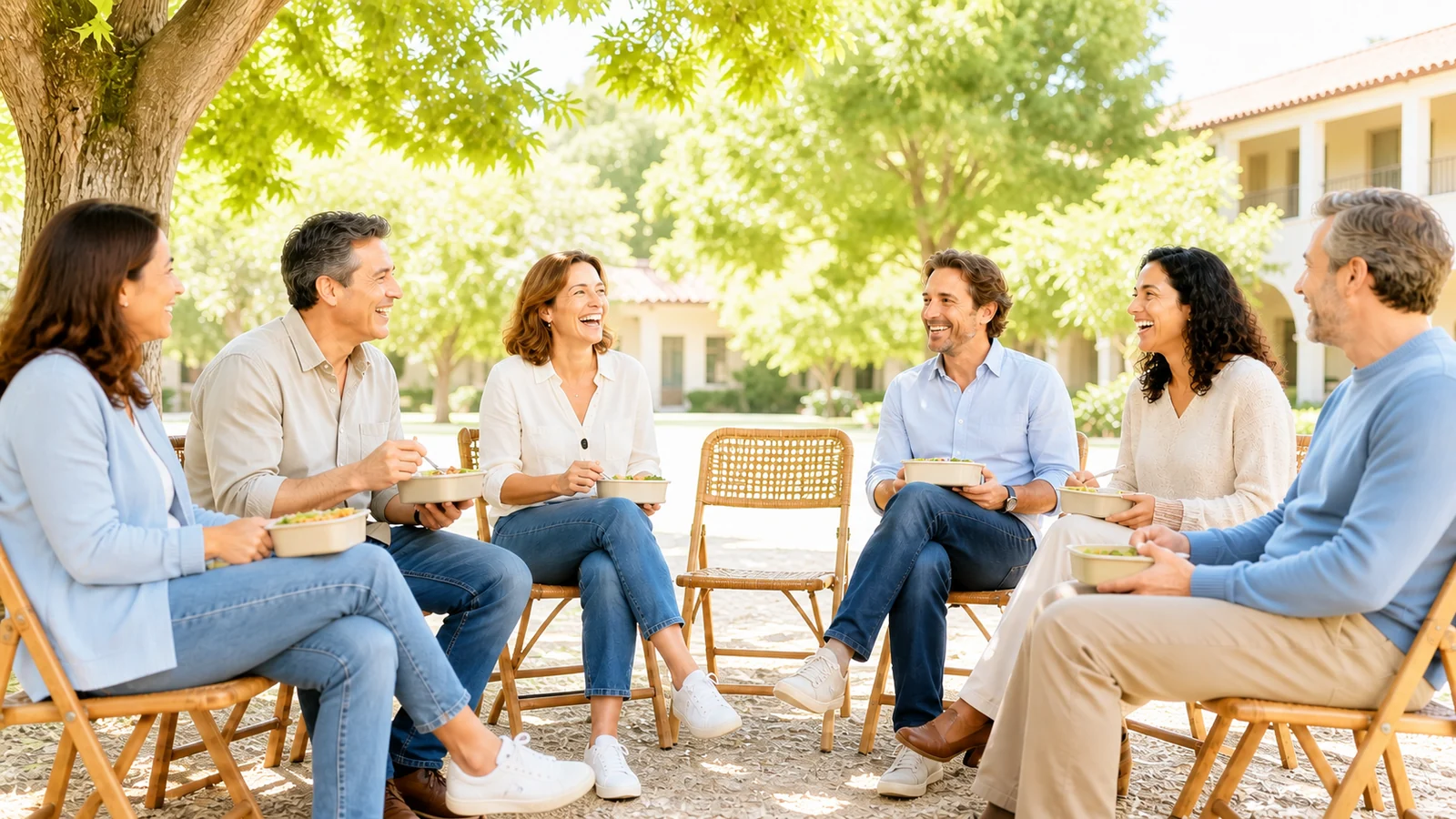 Nuestro círculo en el recreo — Former classmates recreate a warm lunch-break circle outdoors in bright daylight with plain unbranded lunch boxes, natural laughter and one respectfully empty chair, complete group framing.
