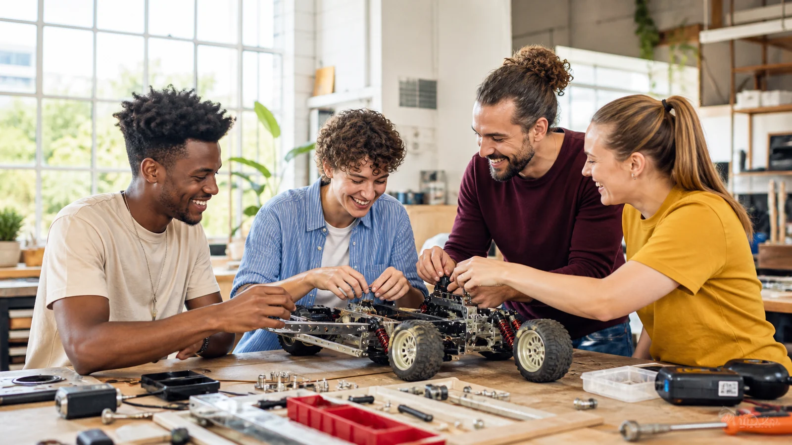 El proyecto que cambia la segunda vez — A diverse group of former students joyfully rebuilds an original unbranded school project at a large bright workshop table, visible imperfect parts, teamwork and warm daylight.