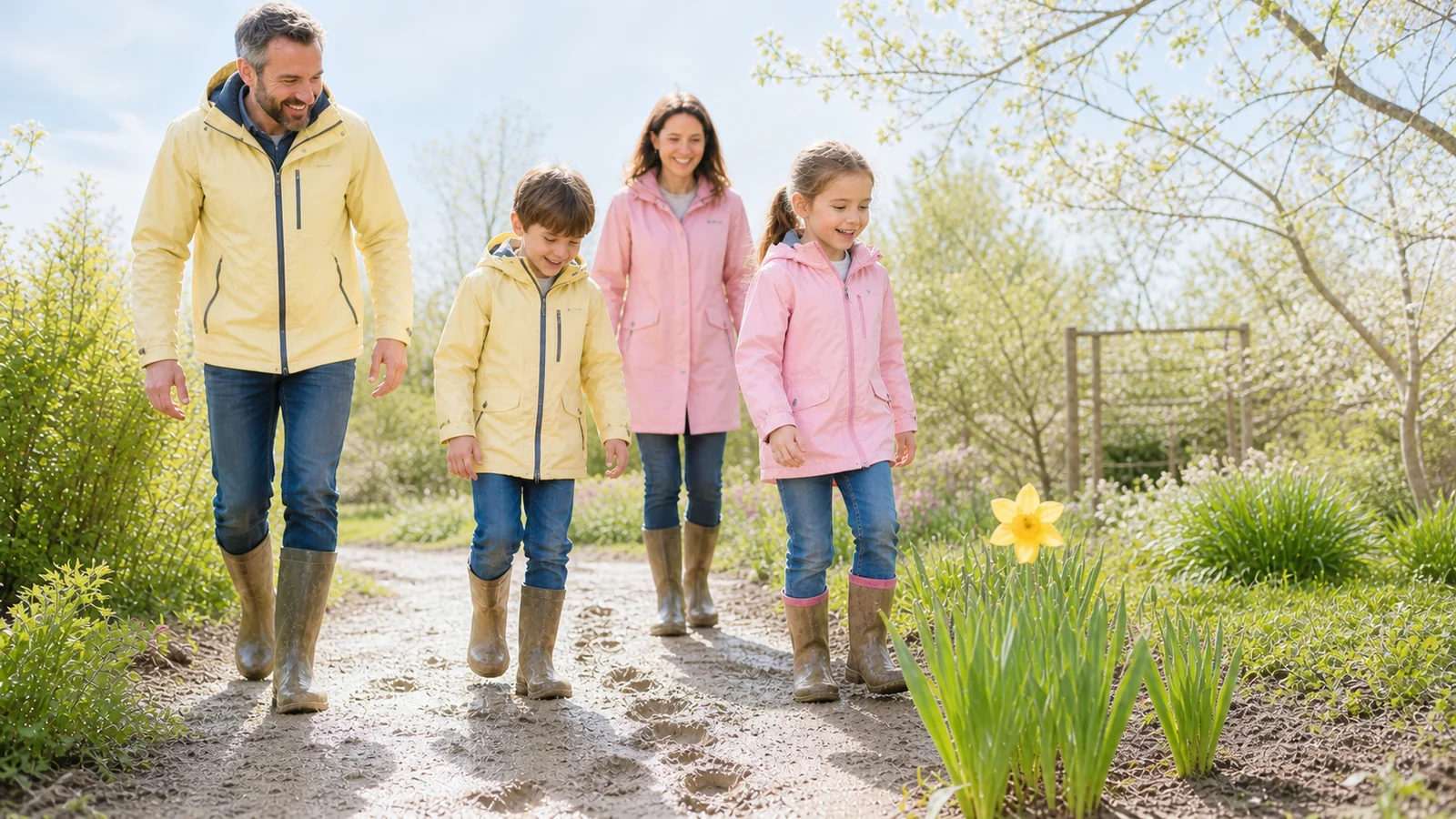 Schlammspuren bis zur ersten Blüte — A family in bright rain jackets and full-body muddy boots follows fresh footprints through a sunlit spring garden toward one real budding flower, joyful candid movement and safe natural setting.