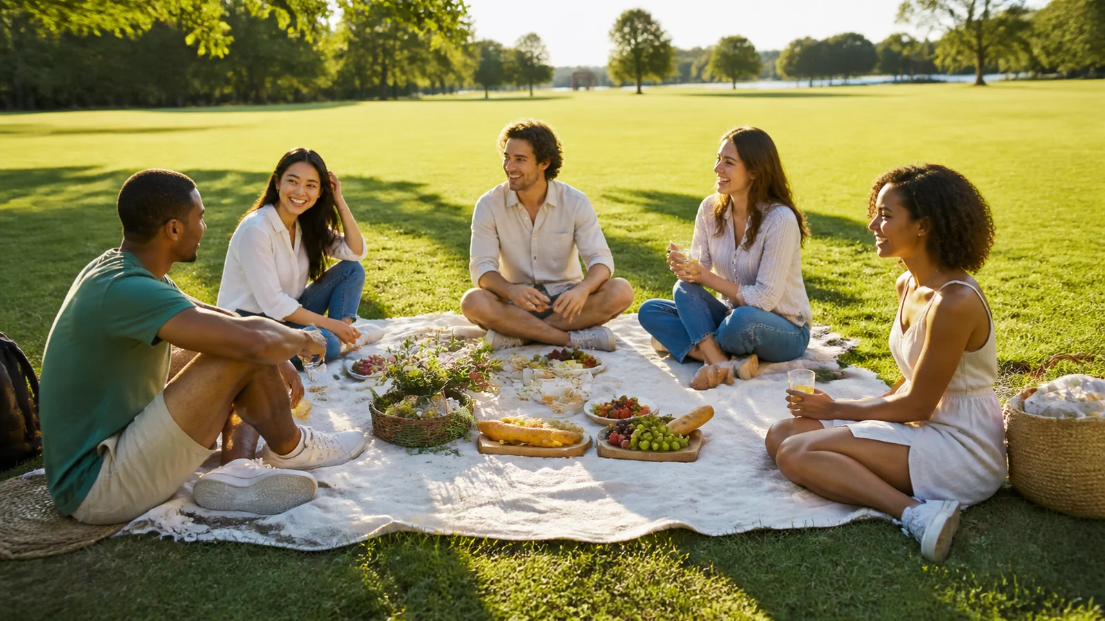 Il nostro pomeriggio in ombre lunghe — A diverse group of friends shares a bright summer picnic on a pale blanket while long late-afternoon shadows stretch clearly across grass, relaxed full figures, airy optimistic daylight.