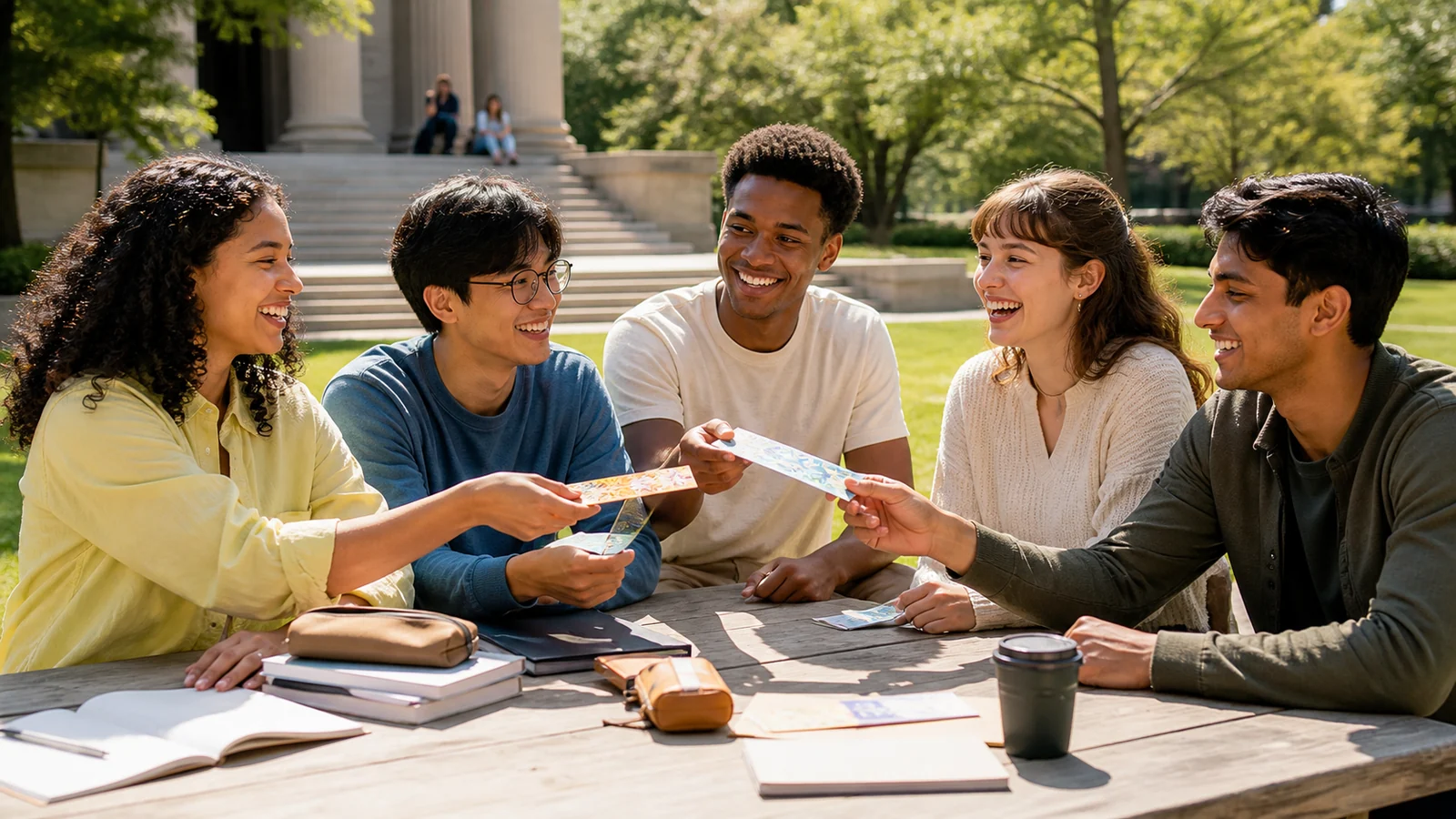 The bookmarks between our campus paths — A diverse group of university friends passes colorful handmade blank bookmarks between a bright library table, campus steps and green lawn, no readable books or institutional branding.